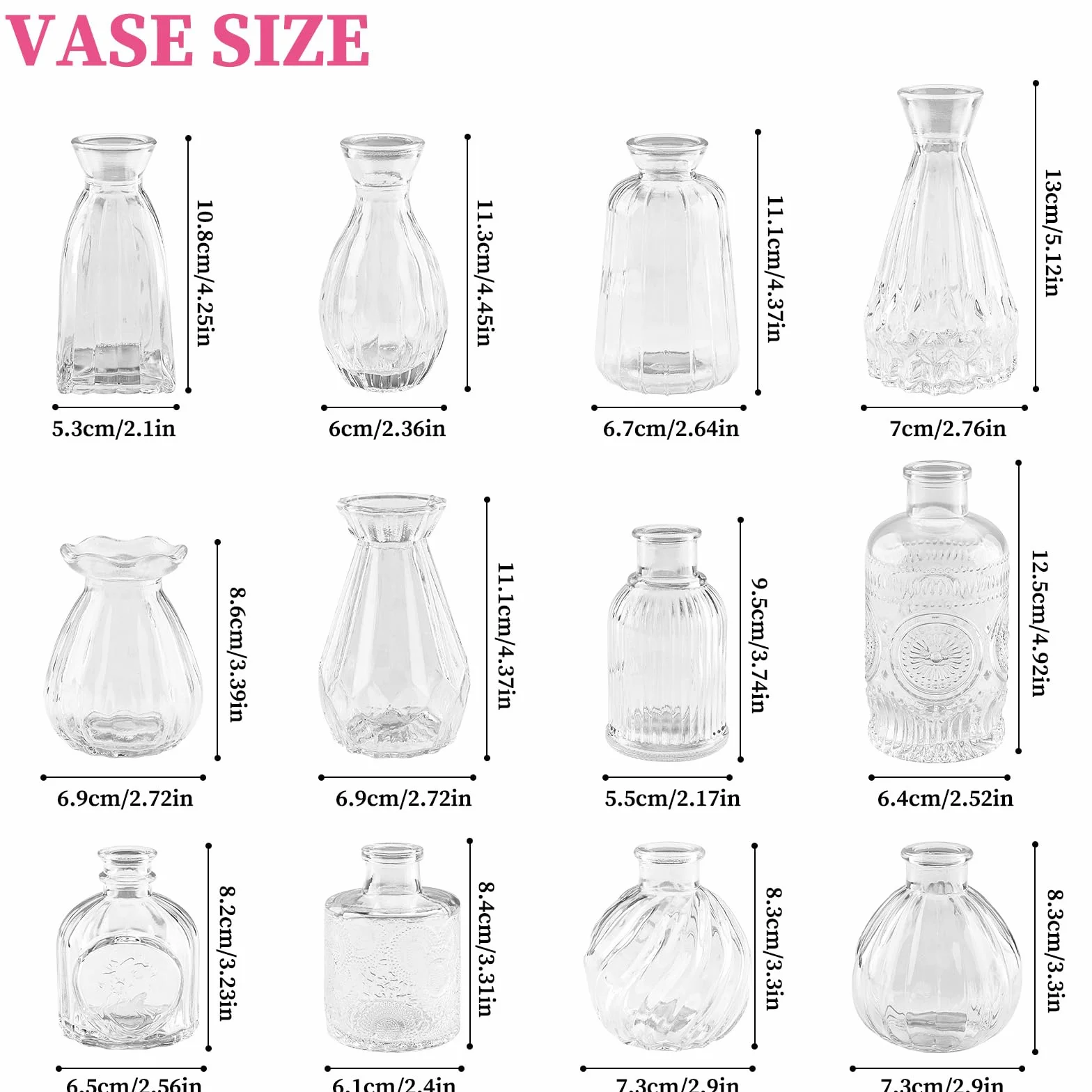 12 Jarrones de Cristal Pequeños, Mini Jarrones Decorativos Modernos Transparente en Varios Tamaños, Juego de Jarron Decoración del Hogar, Florero para Boda Sala de Estar Centro De Mesa Fiesta