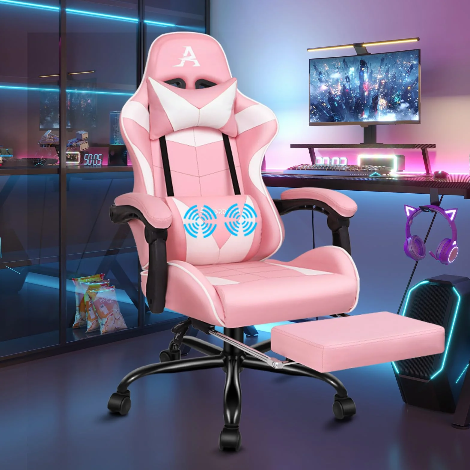 ALFORDSON Silla Gaming Escritorio con Masajeador, Silla Gamer Ergonómica Cojín Lumbar y Cervical, Reposapiés Retráctil, Ruedas Giratorias 360°, para Oficina, Videojuego, Ordenador, Cuero PU(Rosa)