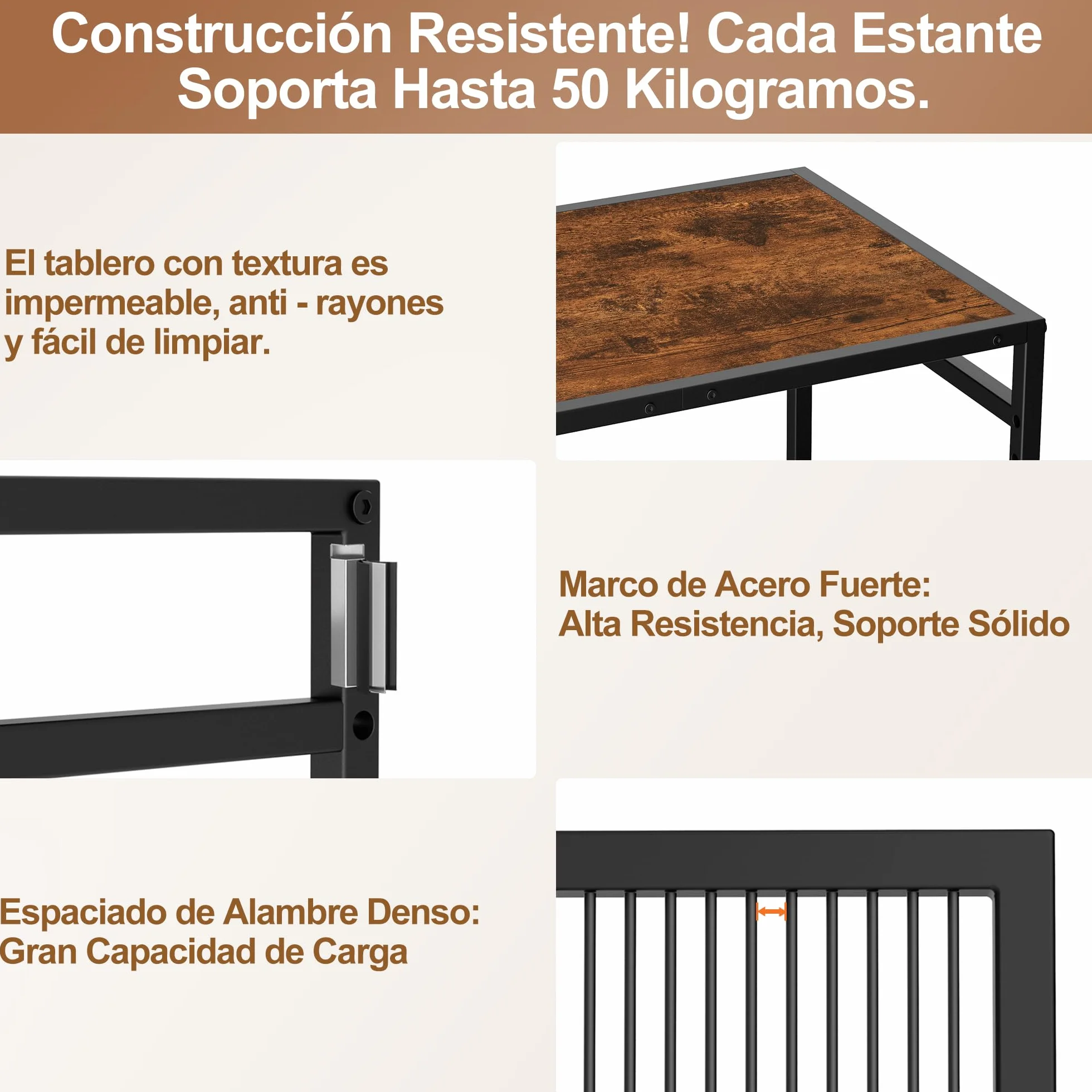 Carro Cocina de 3 Pisos con Estantes Ajustables，Carros de Servicio (Estructura Negra + Panel marrón, 3 Niveles (40 x 60 x 84,7 cm))