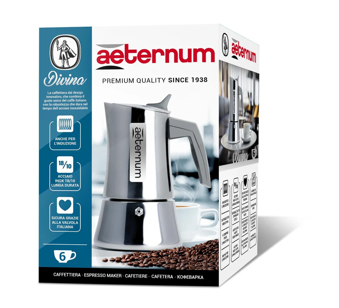 Bialetti Cafetera Divina 6 Tazas, Apta para inducción, Acero Inoxidable, 14 x 11,5 x 20 cm