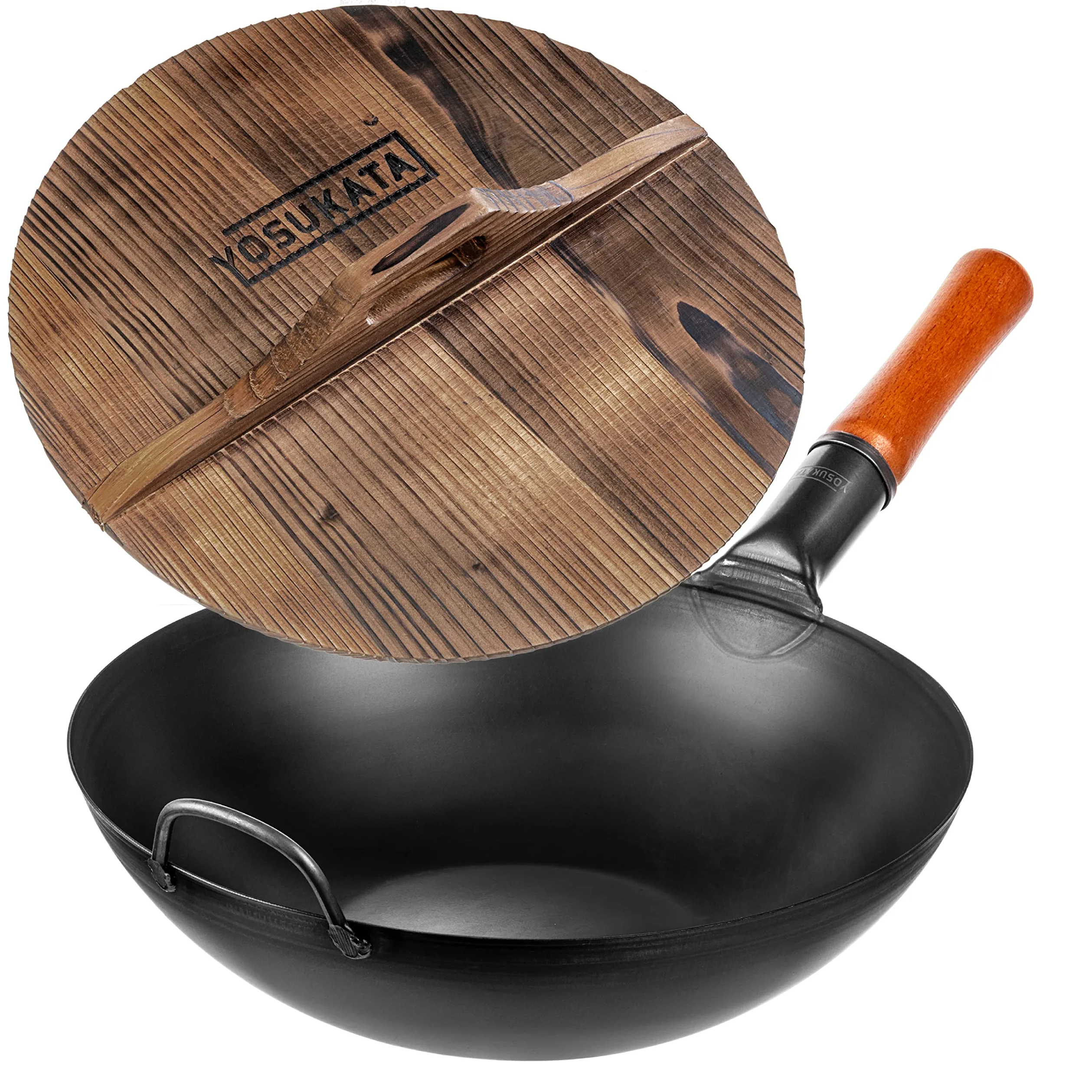 YOSUKATA Sartén Wok de Acero al Carbono 34 cm – Pre-sazonado de Fondo Plano + Tapa Para Sartén Wok de Madera Natural de 34 cm