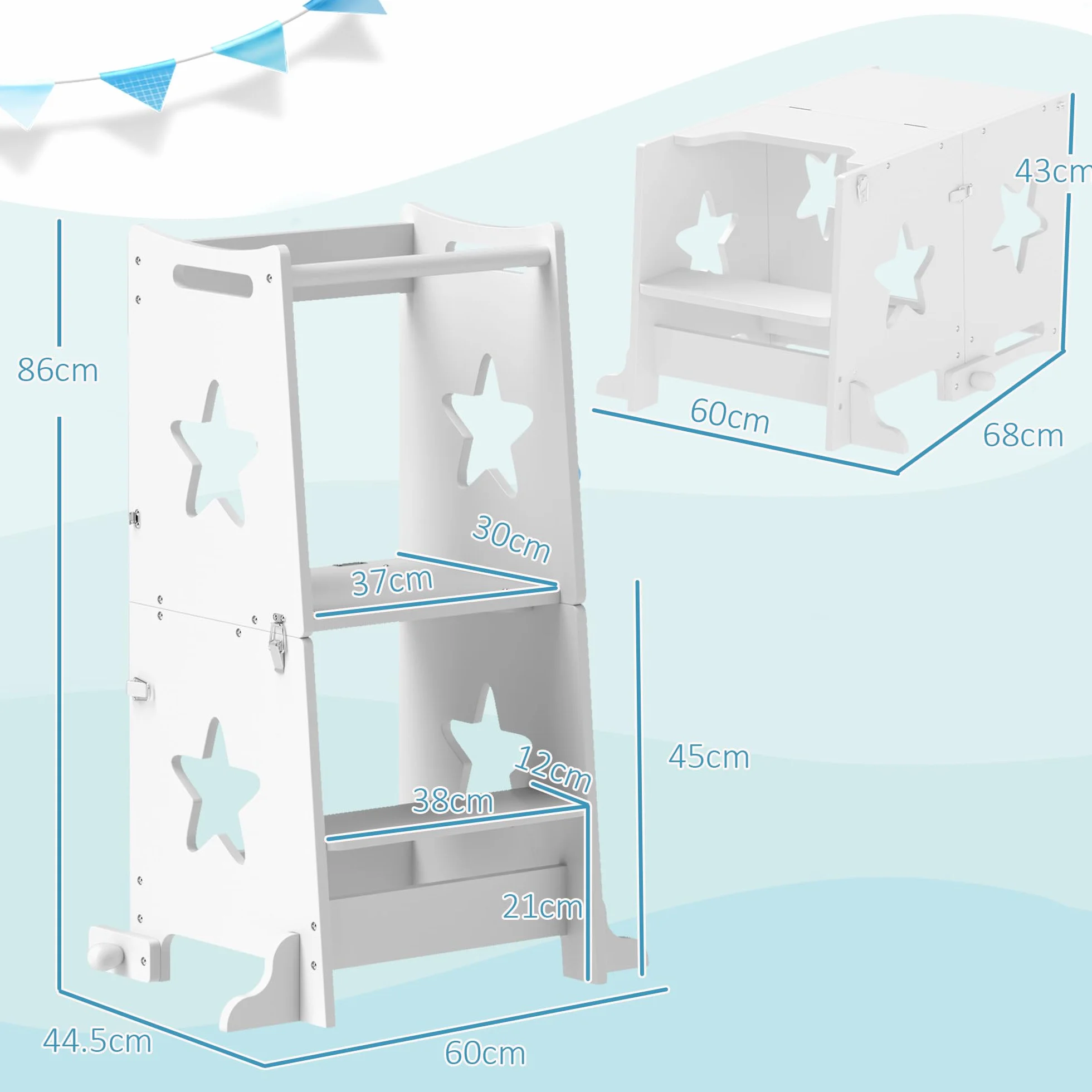 AIYAPLAY Torre de Aprendizaje 2 en 1 Taburete Niños +3 Años Convertible Mesa Silla Barra Seguridad 60x44,5x86 cm Blanco