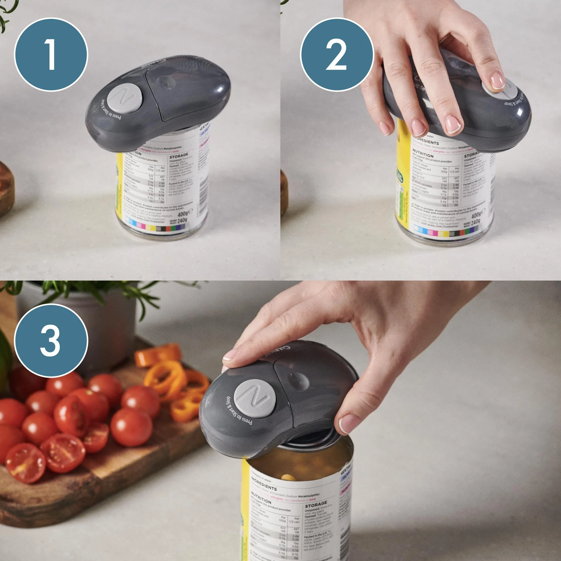 Culinare Abrelatas Electrónico One Touch, Gris, Plástico/acero Inoxidable, Abrelatas Automático, Funciona Con Pilas/uso Manos Libres/Extracción Magnética de Tapa, Pilas No Incluidas