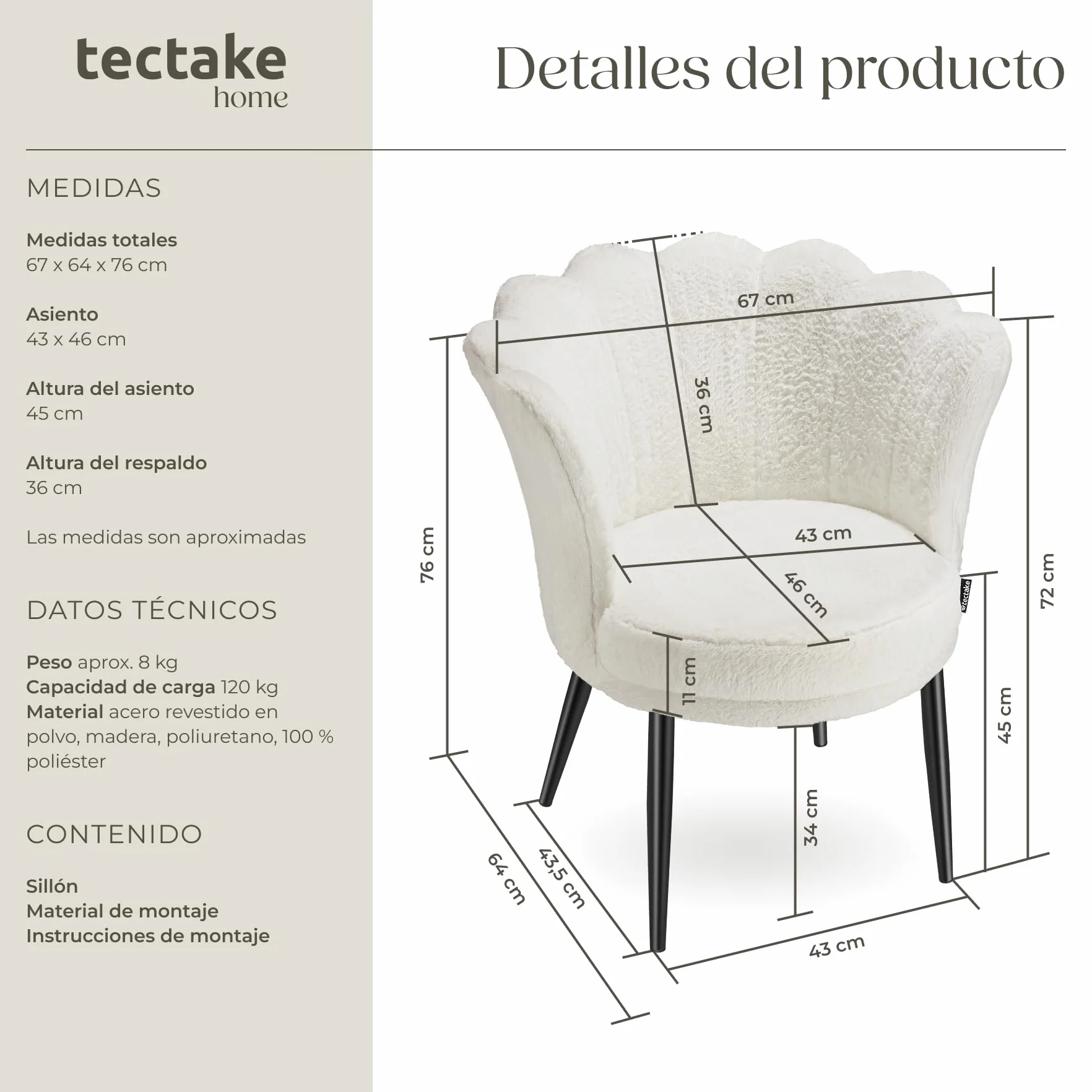 tectake® Sillón Tapizado con Acolchado Grueso, Butaca Salón con Respaldo Curvado en Forma de Flor, Sillón de Lectura con Patas de Acero, Tapas Antideslizantes, Silla Oficina - Terciopelo, Crema/Negro