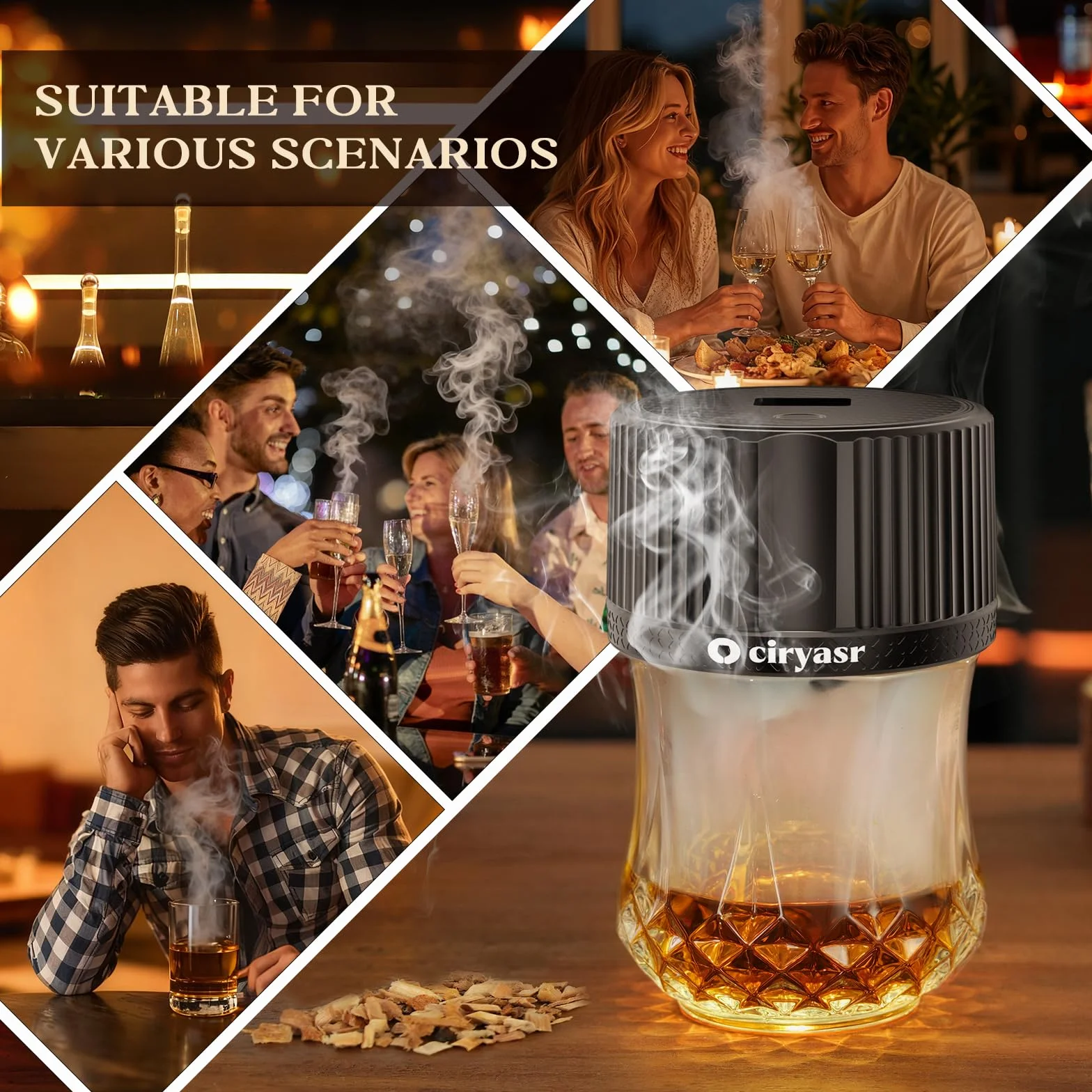 Kit de ahumador de Whisky, Kit de Ahumador de Cóctel con 6 sabores Chips de Madera, 6 Modos de luz, Recargable, Kit de ahumador de Bebidas Antiguas,Regalo para Padres, Esposos y Amantes Los Cócteles