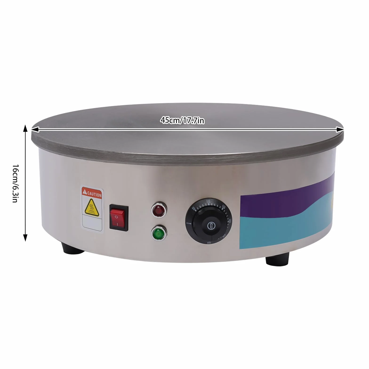 45 cm Crepes eléctrico 3000 W Gastro – Plancha profesional de hierro fundido para crepes Gözleme, Yufka & Pancakes – Máquina para crepes 50 – 300 °C, con espátula y distribuidor