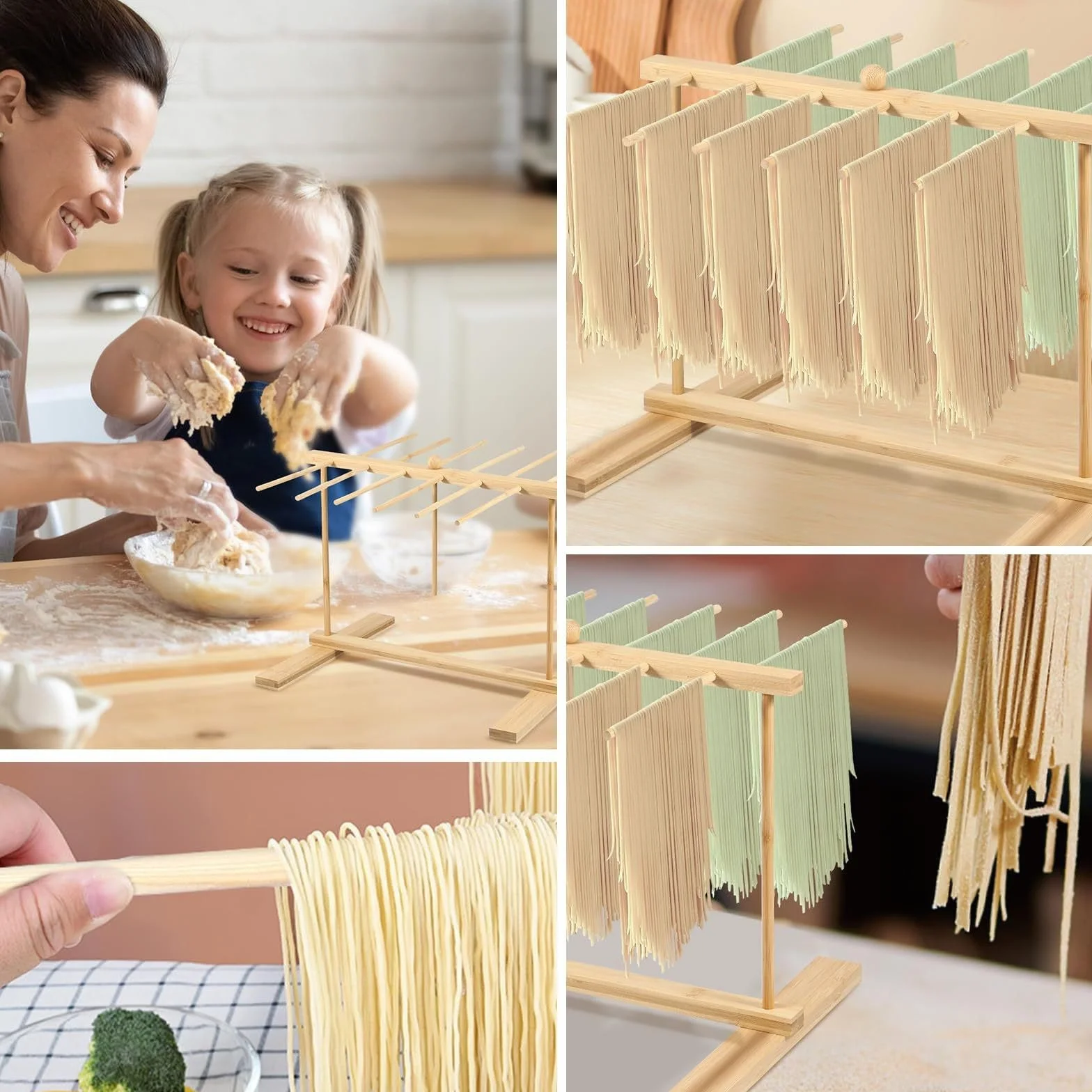 Secador de fideos, 12 barras, soporte para pasta de madera, estante para pasta, soporte para pasta para secar, secadora de espaguetis, ahorra espacio, reutilizable