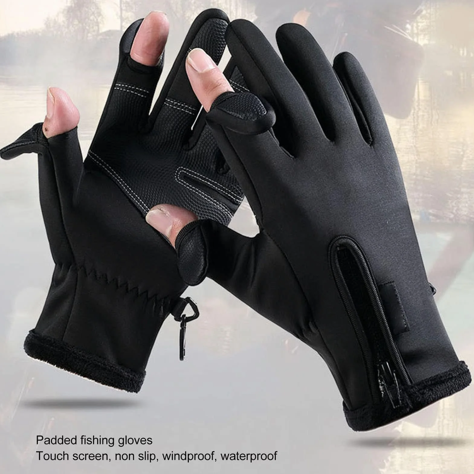 HERCHR Guantes de Pesca Impermeables Térmicos con Pantalla Táctil 2 Dedos Cortados para Ciclismo Invierno Kayak Negro