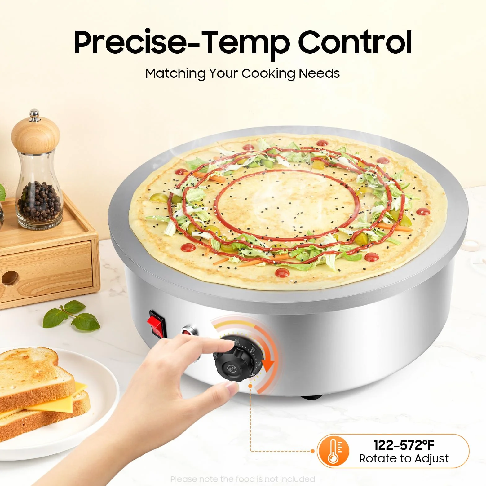 45 cm Crepes eléctrico 3000 W Gastro – Plancha profesional de hierro fundido para crepes Gözleme, Yufka & Pancakes – Máquina para crepes 50 – 300 °C, con espátula y distribuidor
