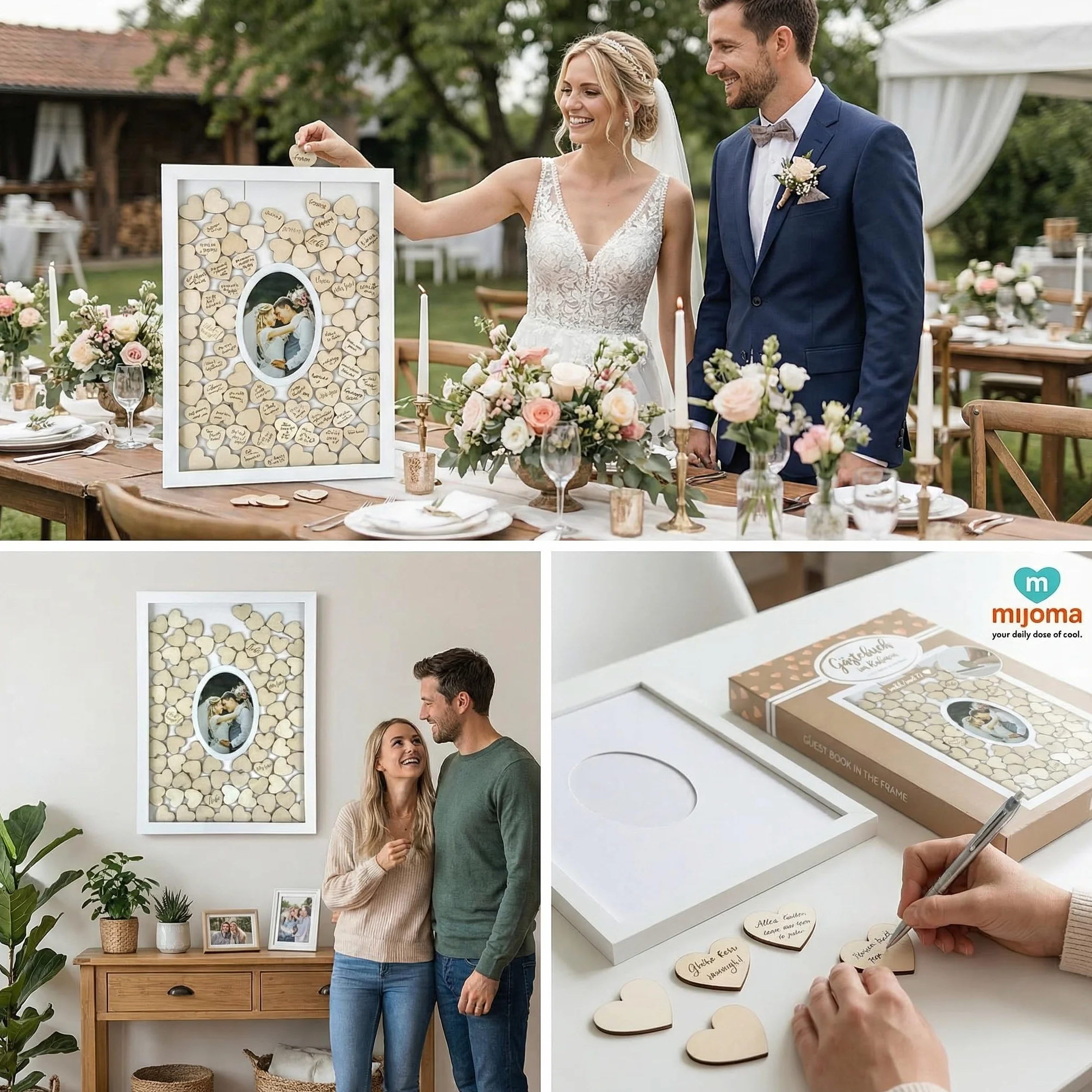 MIJOMA Marco de fotos de libro de visitas, recuerdo con 72 corazones de madera, para bodas y fiestas, color blanco y natural