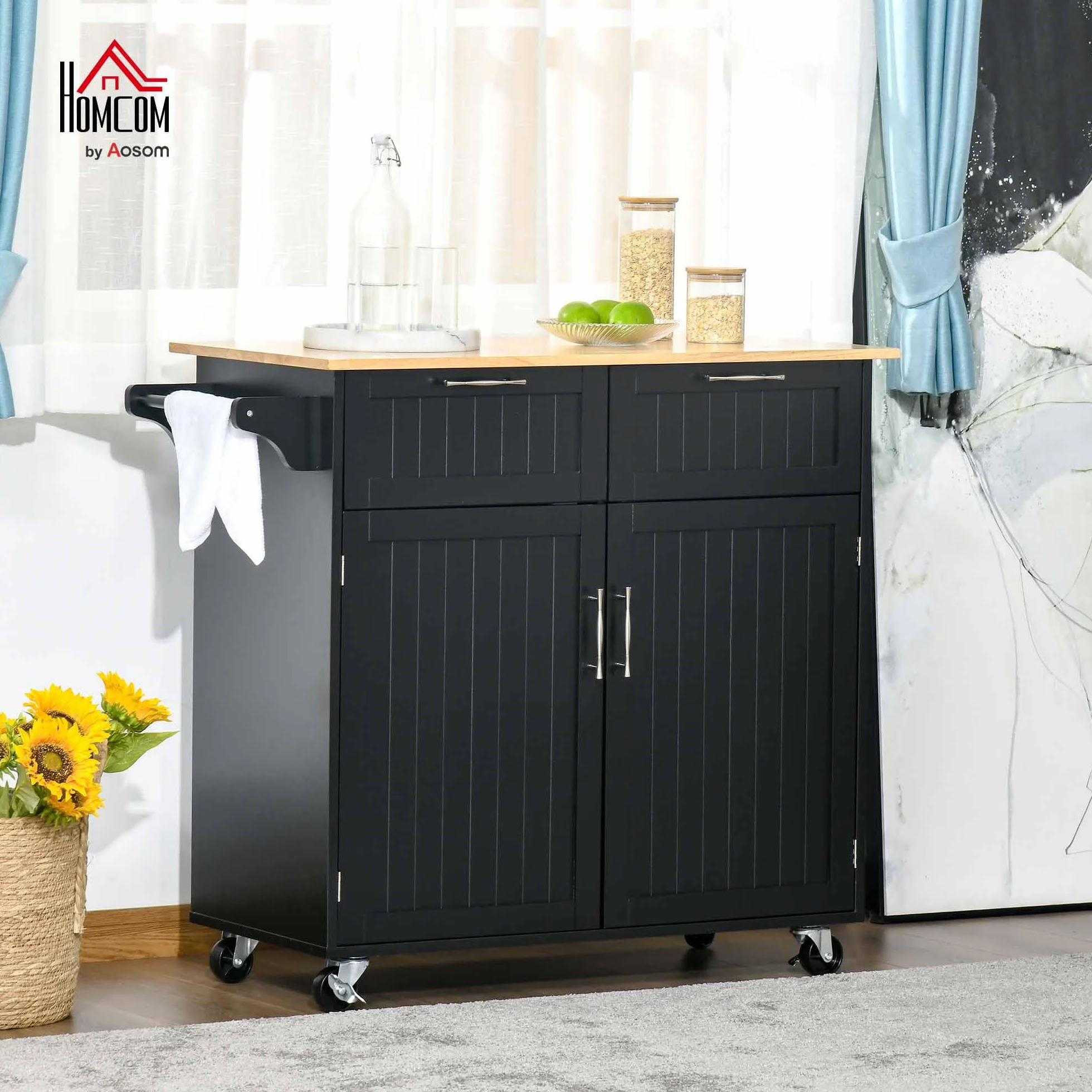 HOMCOM Isla de Cocina con Ruedas Carrito de Cocina Mueble Auxiliar de Cocina con 2 Puertas 2 Cajón Toallero y Estante Ajustable para Comedor Salón 104x46x91 cm Negro