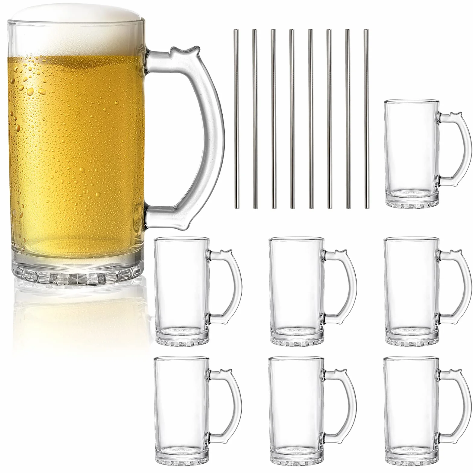 Okllen Paquete de 8 tazas de cerveza de vidrio de 16 onzas con asa, tazas de cerveza grandes de vidrio pesadas con pajitas de acero inoxidable, base pesada, vasos gruesos para congelador, bar, cóctel,