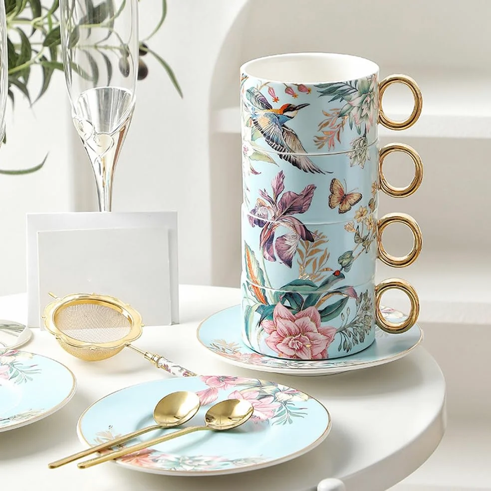 Tazas de café y tazas de café expreso, juego de 4 tazas de café y platillo apilables, juego de tazas de té de cerámica