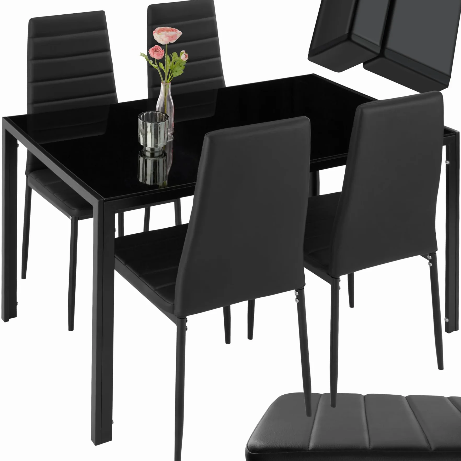 tectake® Conjunto Mesa y sillas de Comedor, Mesa con Tablero Cristal Seguridad y 4 sillas Cocina tapizadas Cuero sintético, Estructura Acero, sillas Comedor, Set Muebles de Cocina - Negro