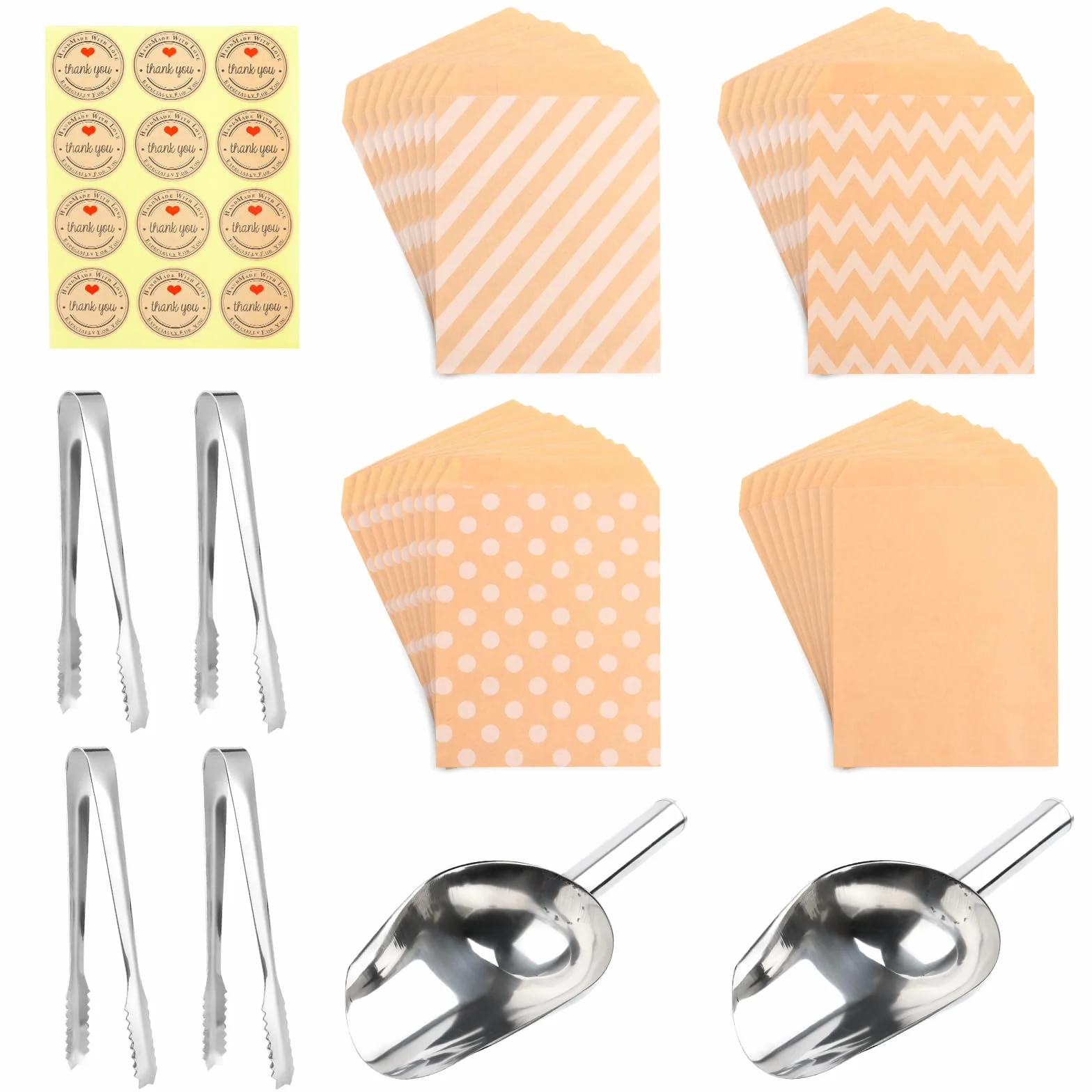 MXTIMWAN 102PCS Candy Bar Accesorios Set, 48 Bolsas para Barra de Caramelo+48 Pegatinas +4 Pinzas para Barra de Caramelo+2 Pala Candy Bar, Bolsas de Caramelo Accesorios para Bar, Boda, Fiesta