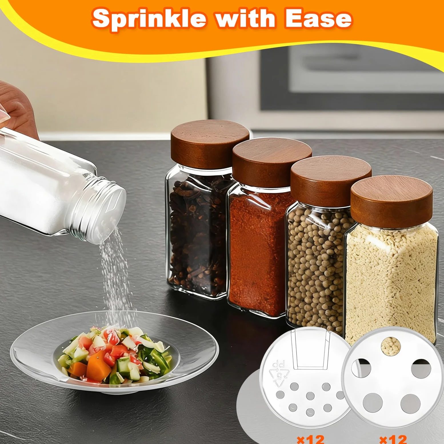 24 x Botes Especias Cristal 120ml con Tapa de Madera, Etiquetas, Embudo y Bolígrafo, Frascos Especiarias Cuadrados,Tarros de Vidrio Herméticos,Botellas de Condimentos para Cajones y Armarios de Cocina