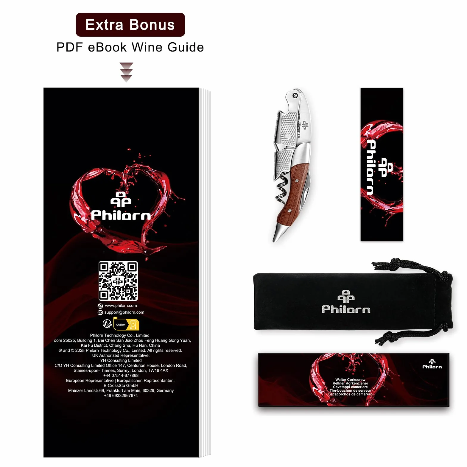 PHILORN Sacacorchos Profesional, Abridor Vino de Palo de Rosa Natural y Acero Inoxidable Premium, Ebook de Vino Gratis, Foil Cortador, Abrebotellas, Todo en 1, Mejor Elección de Camarero, Sommelier