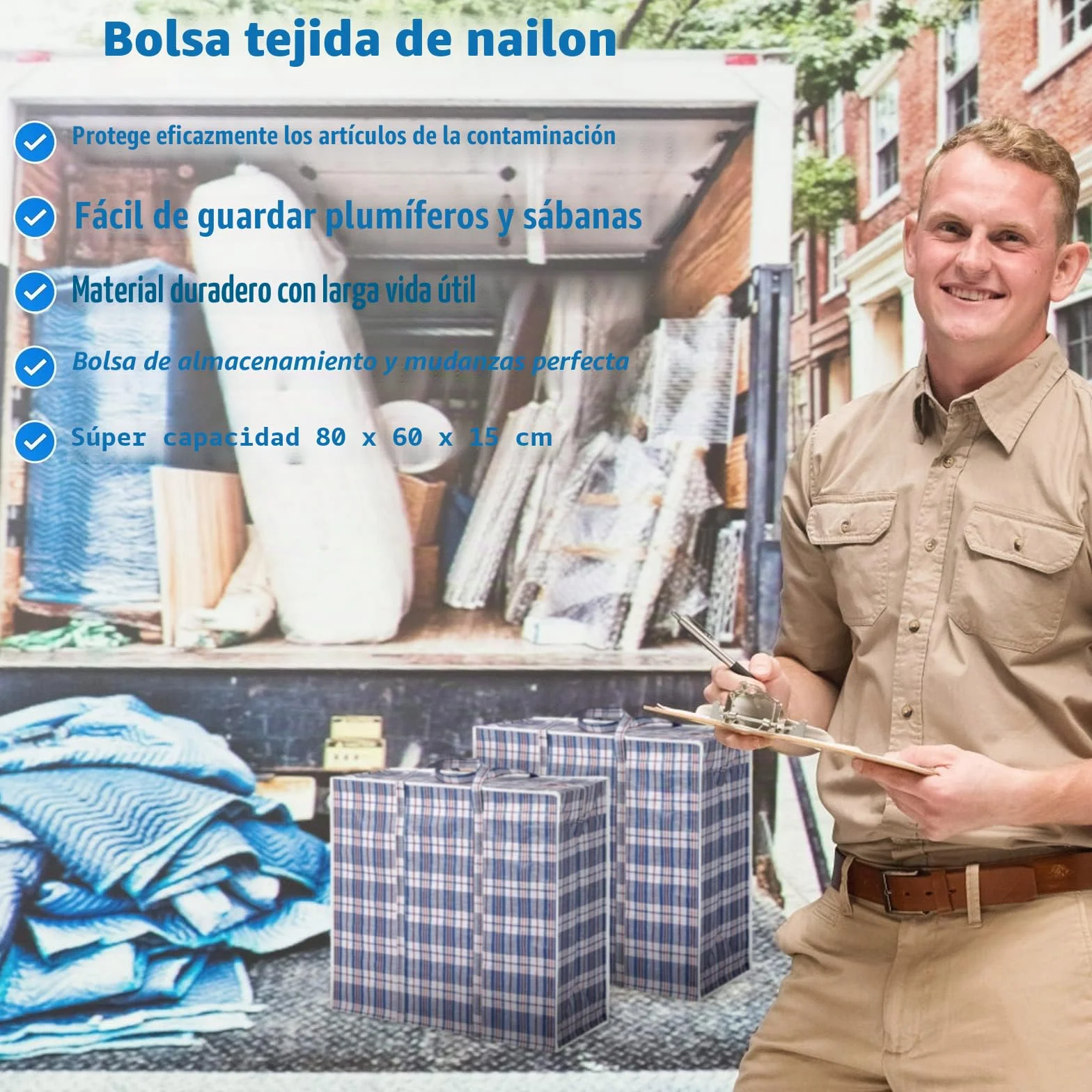 2 Bolsas de Almacenaje Sobredimensionadas con Cremallera, Bolsas de la Compra para Ropa, Bolsas Grandes de Mudanza, Azul, Poliéster