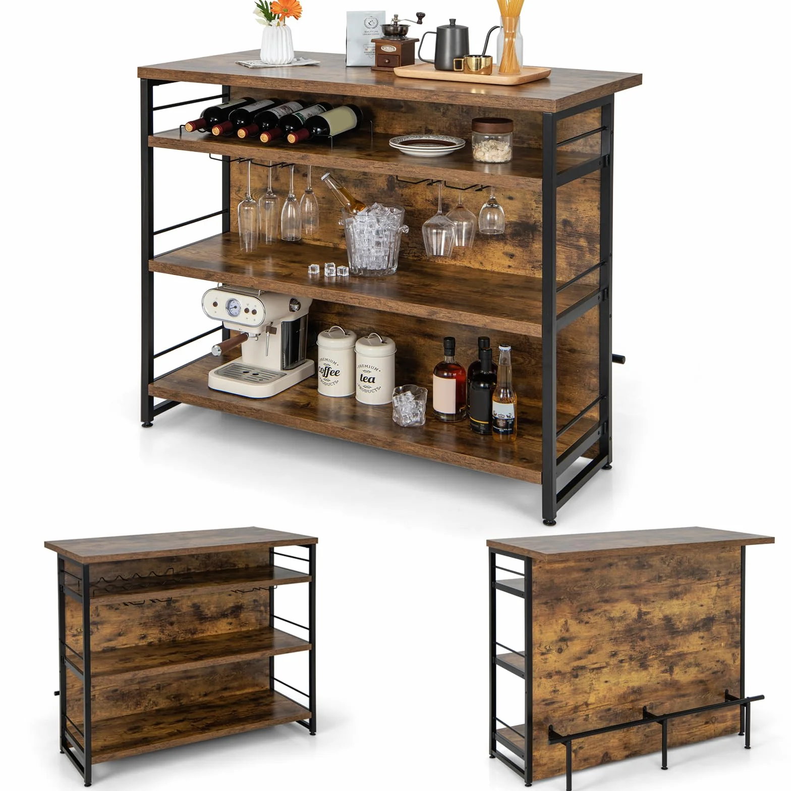 KOMFOTTEU Mesa Alta de Bar para Cocina, Mesa Barra de 4 Niveles con Botellero y Soporte para Cristal, Mueble de Comedor con Reposapiés, 120 x 60 x 101 cm (Industrial)