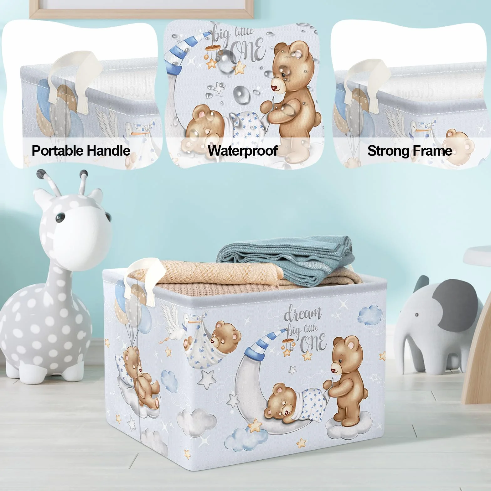Clastyle Caja Almacenaje Cubo Oso Azul 36L Rectangular para Ropa Juguetes Habitación Infantil