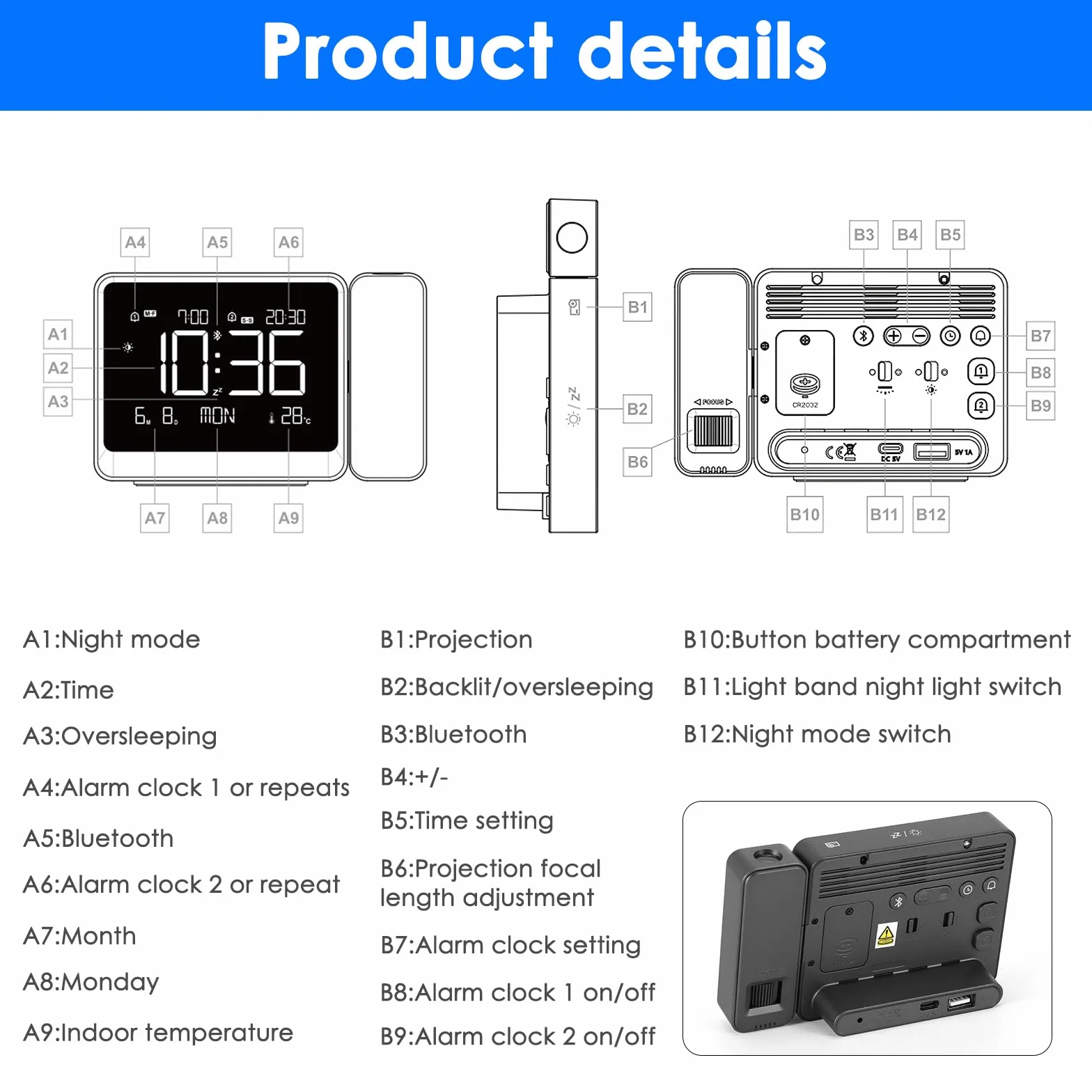 Despertador Proyector Techo,Relojes de Proyección Digital con Temperatura,Modo día laborable/Fin de Semana,Fecha,Bluetooth,Snooze,Luz Nocturna,12/24 Horas,4 Niveles de Brillo Ajustable para Dormitorio