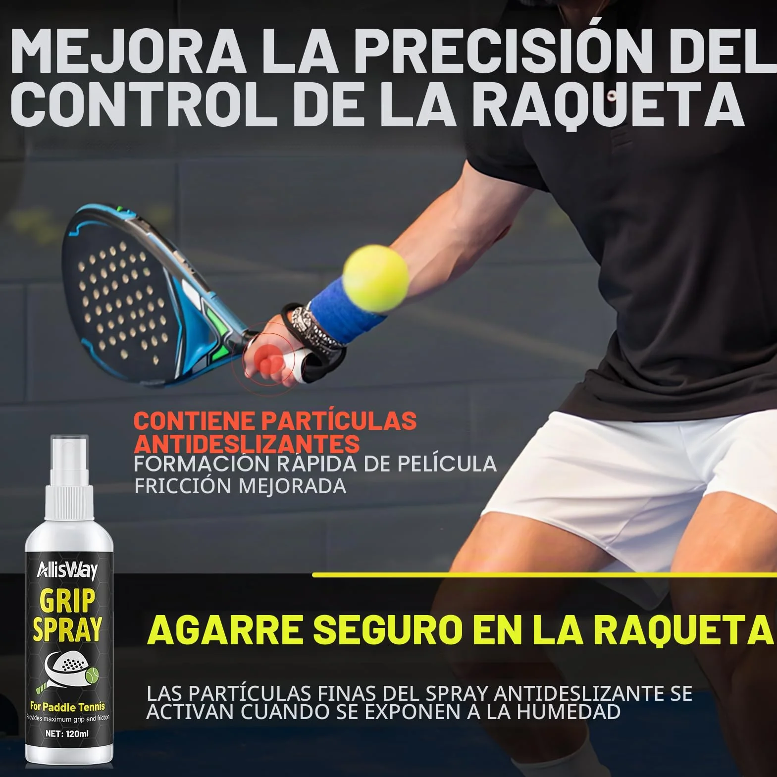 Spray Antideslizante para Padel, Grip, Mejora Agarre, 120 ml