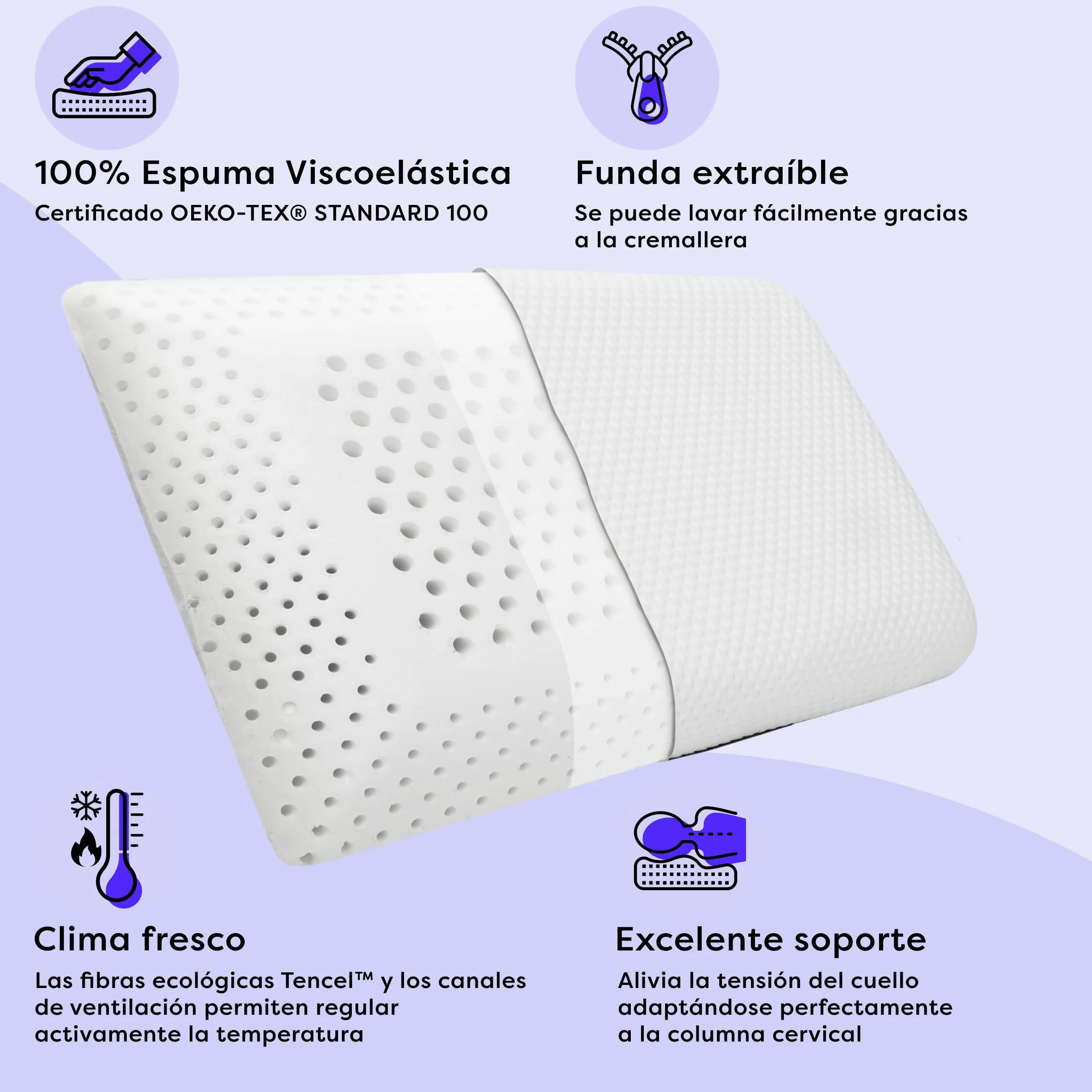 Wolkenfeld Almohada Viscoelastica Memory Foam 70x40x12 - Almohada Cervical Transpirable y Cómodo - Soporte Óptimo para Cuello, Espalda y Hombros - Fibra Tencel - Certificado Oeko-Tex