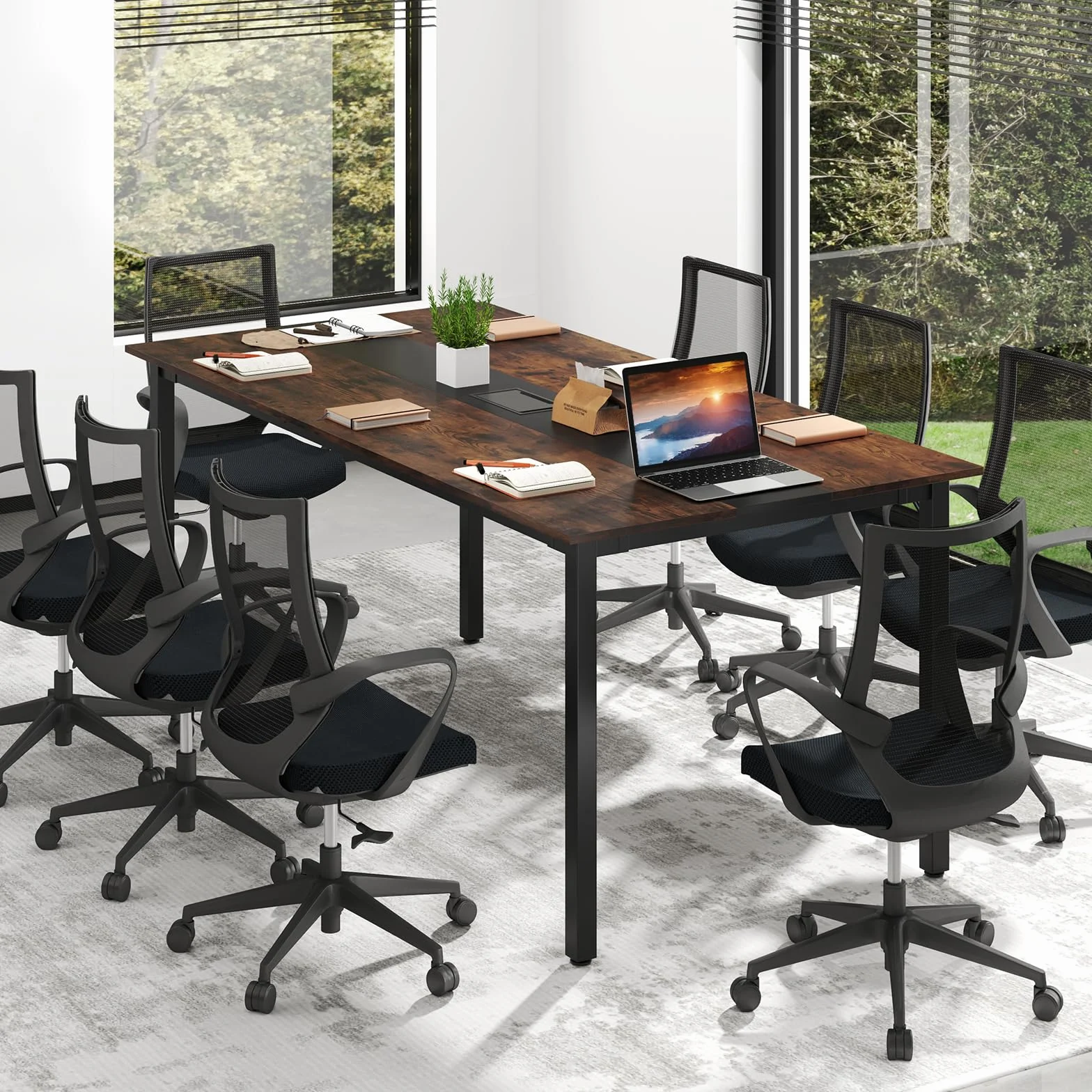 COSTWAY Mesa de Reunión 180x90 cm, Mesa Grande de para 8-10 Personas, Escritorio Rectangular con Orificio para Cables, Marrón Rústico, Oficina, Sala de Juntas