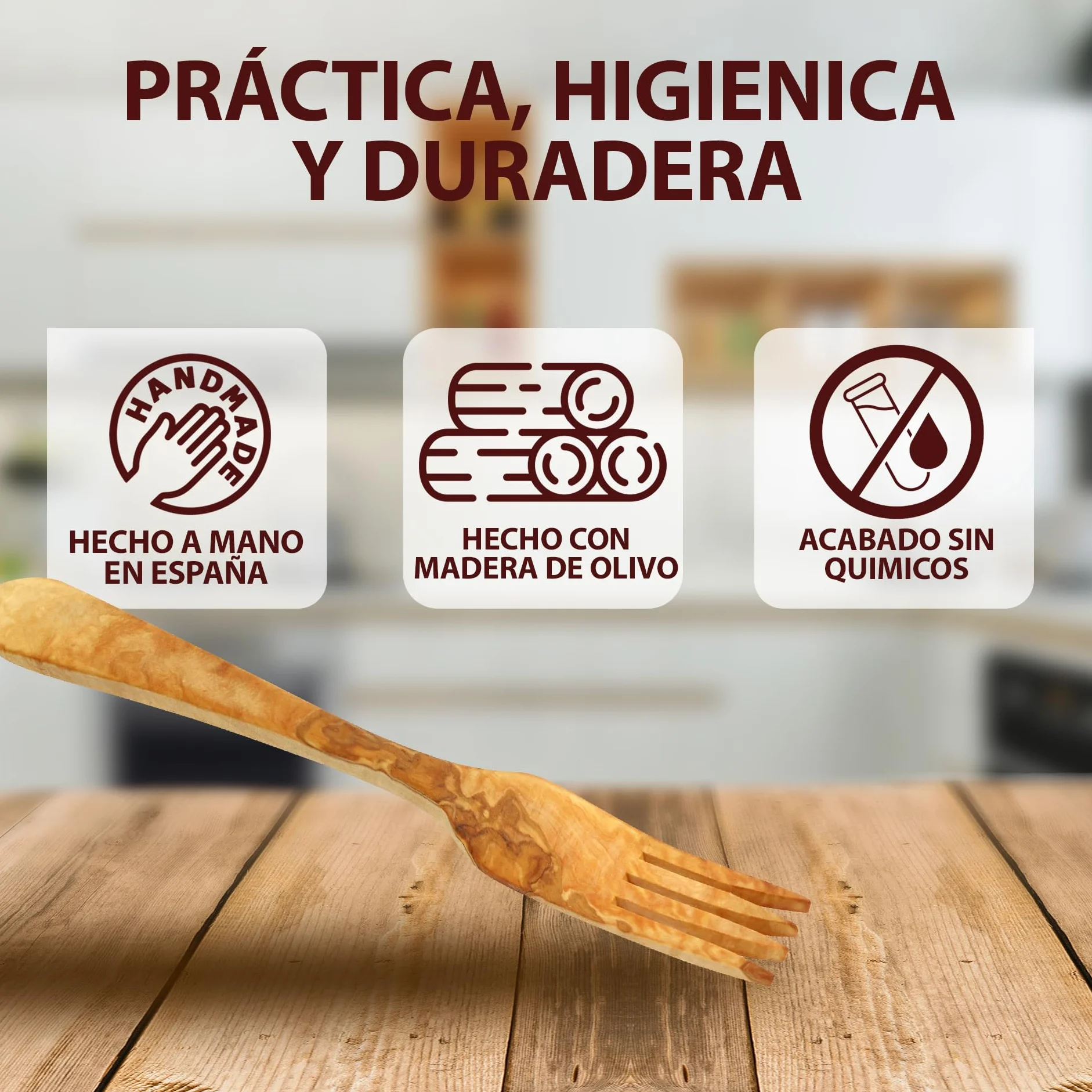 Tenedor De Puntas Finas Estilo Valenciano | Fabricado A Mano En España, Madera Natural De Olivo Resistente Con Propiedades Antibacterianas | Útil Para Servir O Comer