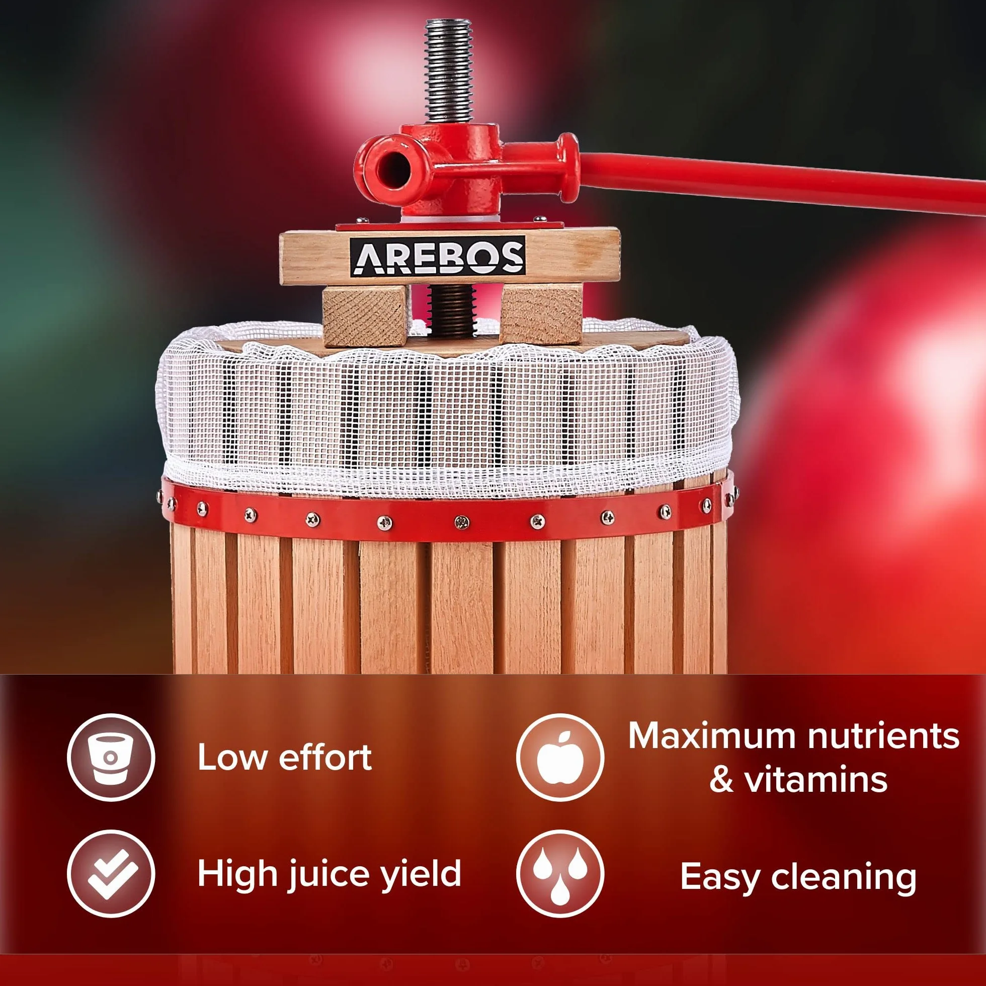 Arebos Prensa de Frutas 18L | Exprimidor Manual I Prensa de Bayas Incl. Tela de prensar, Placa de presión y husillo metálico I para Todo Tipo de zumos y Verduras