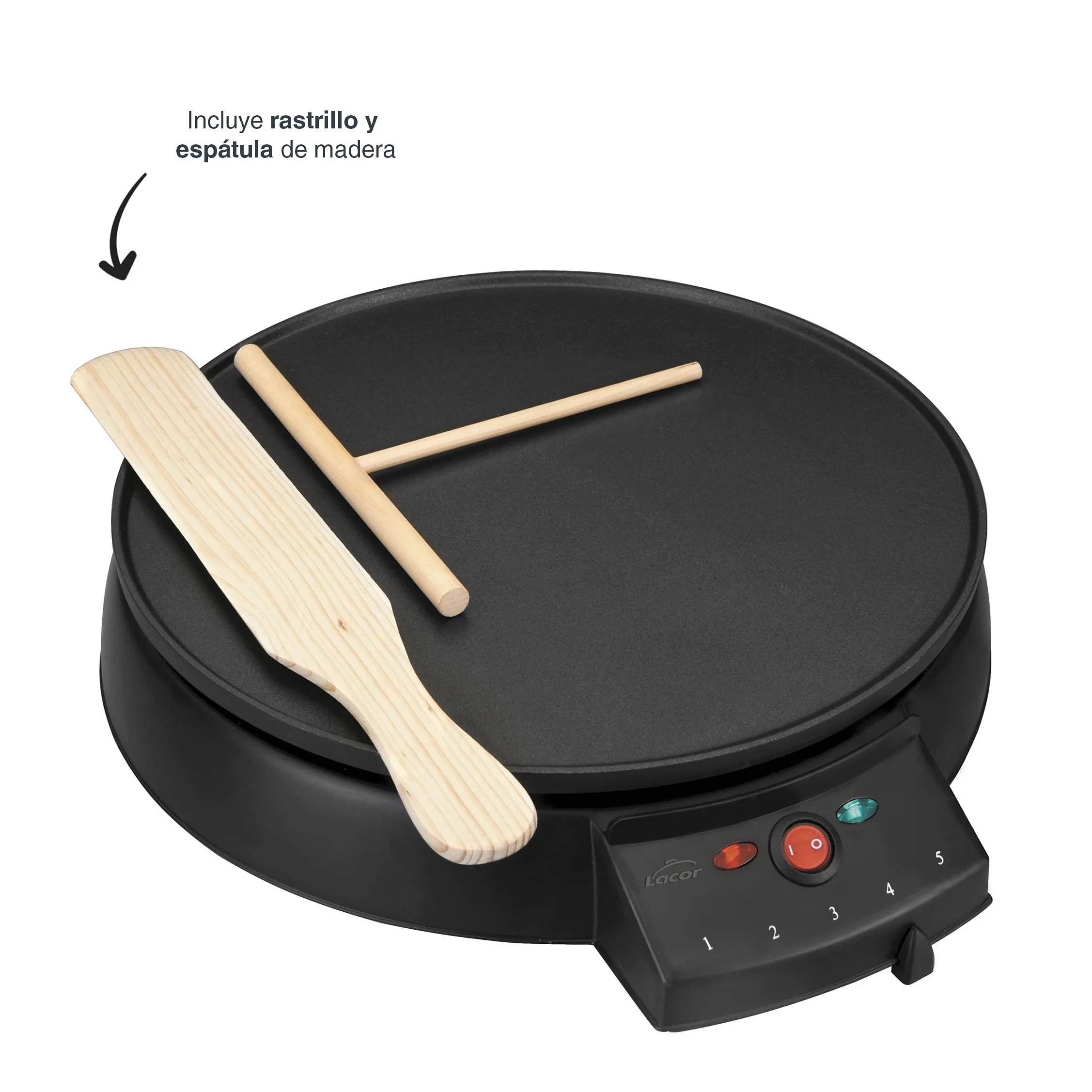 LACOR - 69122 - Crepera Eléctrica Black, Placa para hacer Creps, Base de Aluminio Antiadherente, Espátula y Rastrillo Incluído, Temperatura máx 200ºC, 1000 W, Libre de BPA, Negro