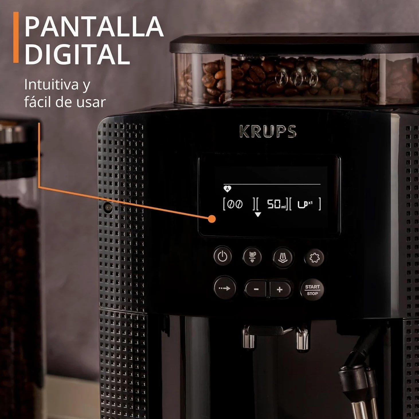 Krups Essential, Cafetera superautomática, Depósito de agua de 1,7 L, 3 niveles de temperatura, 3 texturas de molienda, 15 Bares, Pantalla LCD intuitiva, Incluye accesorio para la leche, Negra, EA8160
