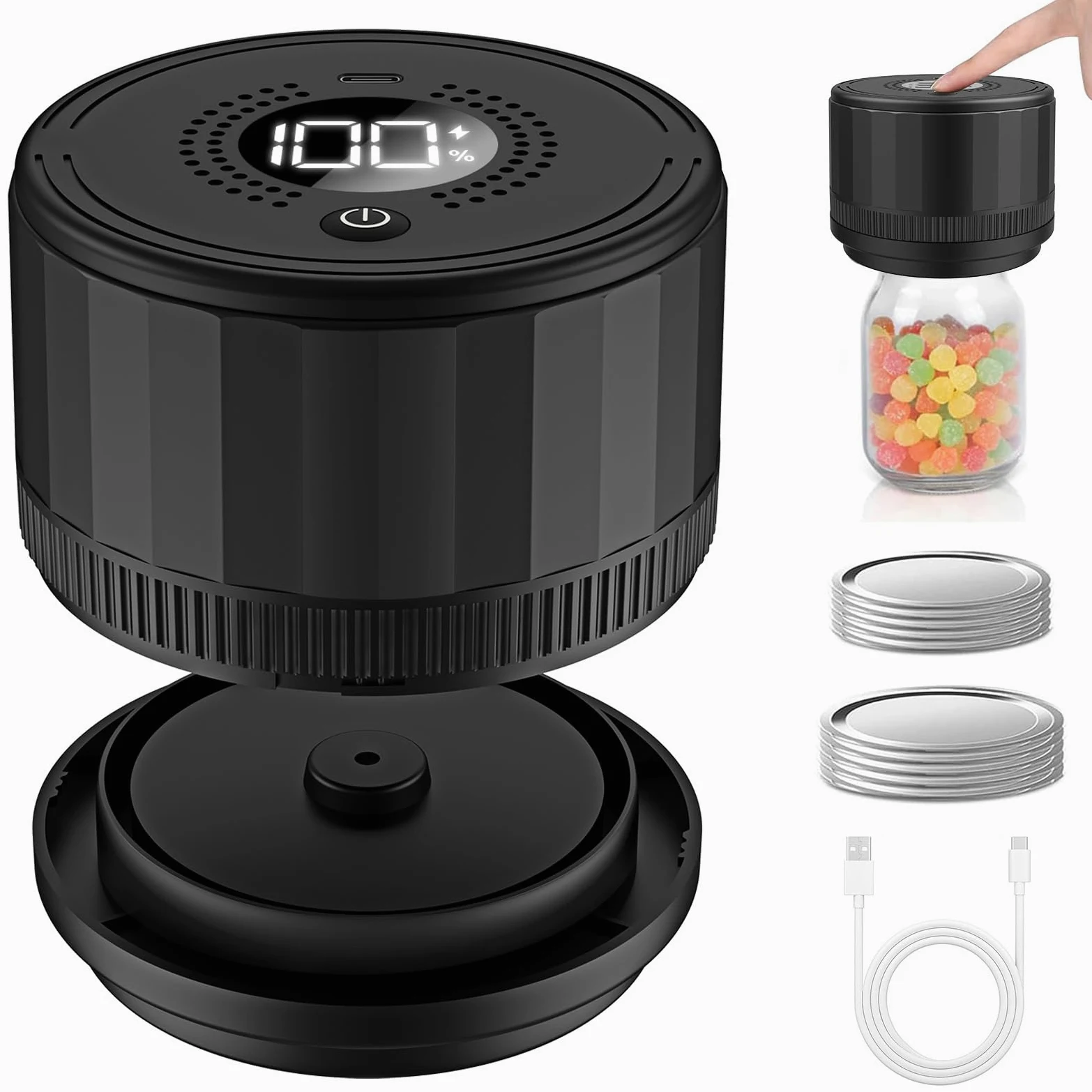 Sellador al vacío de tarros Mason, Kit de Sellado al vacío de Alimentos con Parada automática, Recargable por USB, máquina de Sellado al vacío para Almacenamiento y fermentación de Alimentos