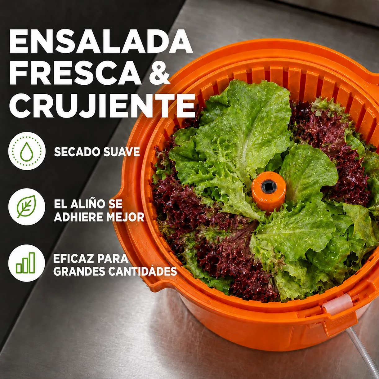 Centrífuga para Lechuga 25 litros, plástico Naranja, Ø 44 cm con Eje de transmisión Protegido, función de empaquetado y Manguera de desagüe, gastronomía, restaurantes escurridor de Ensalada