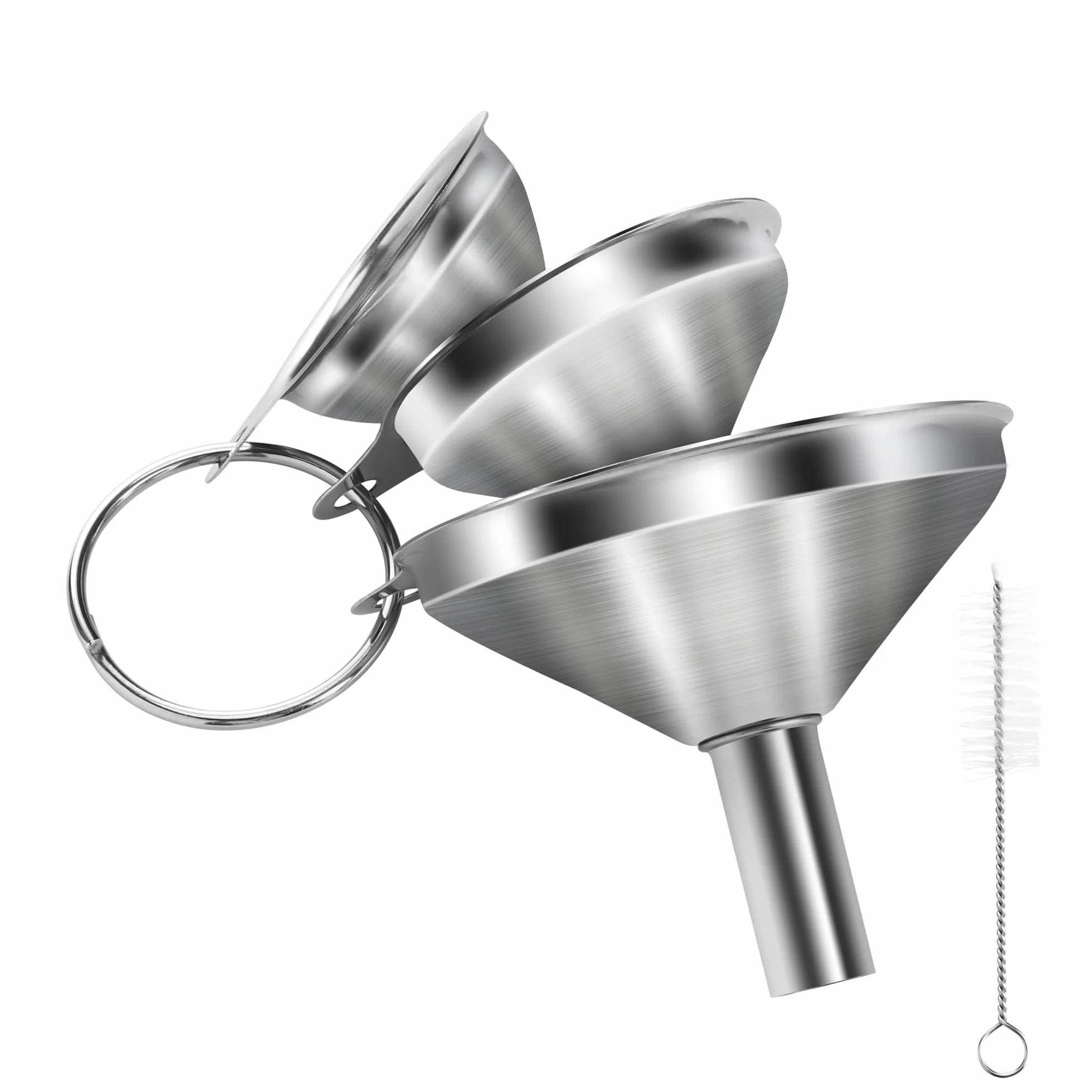 3 Piezas Embudo de Cocina en Acero Inoxidable con Cepillo de Limpieza Embudo Multiusos para Líquidos y Polvos, Diseño Antigoteo para Repostería, Bebidas o Almacenamiento