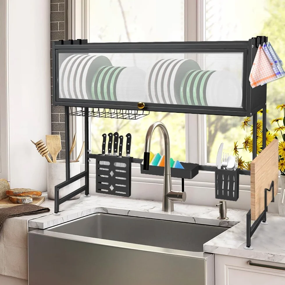 Escurridor sobre fregadero de 3 niveles con 6 ganchos para secadora de platos y escurridores de platos en fregadero organizador de cocina para escurrir platos, frutas y verduras (65 x 28 x 77