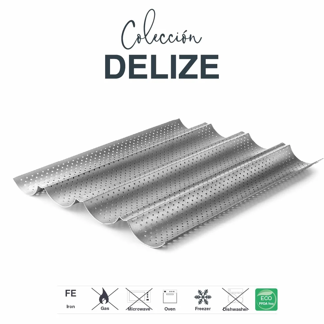 LACOR - 68450 - Molde Baguette, Molde Antiadherente, Colección Delize, Microperforado, Libre de PFOA, Apto para Horno, Frigorífico y Congelador, Acero al Carbono, 38x33 cm, Altura 2.6 cm, 4 Cavidades
