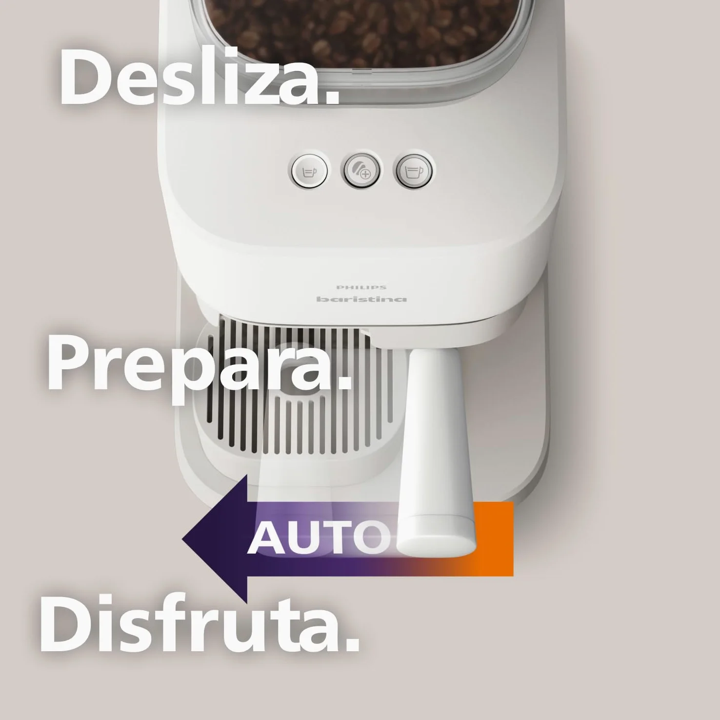 PHILIPS Baristina Cafetera Espresso Molienda, Prensado y Preparación Automáticos, 16 Bares, Espresso, Lungo, Tamaño Compacto, Blanco Natural con Portafiltro Amarillo, Cafetera con Molinillo BAR305/03