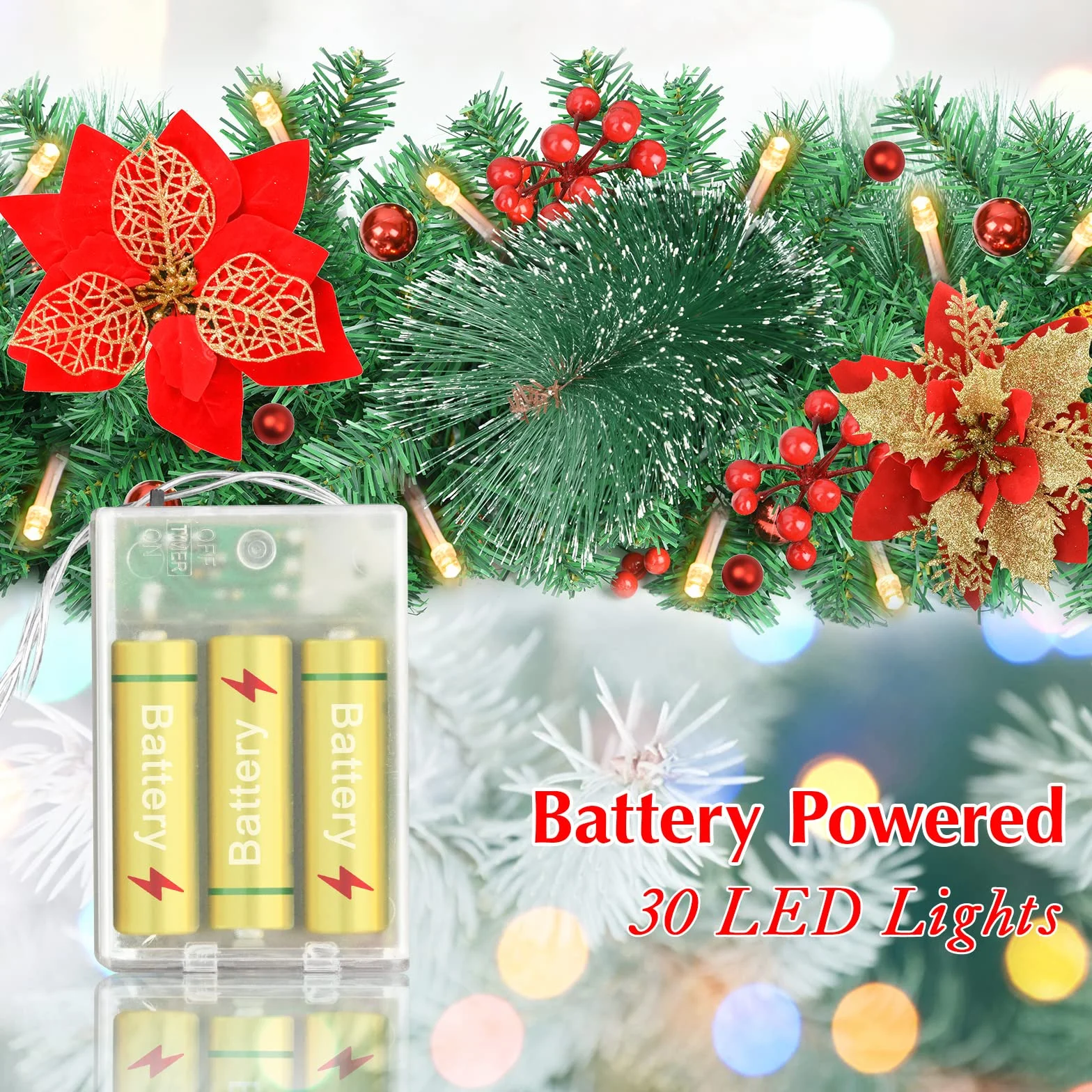 Guirnalda de Navidad, 2,7 Metros Guirnaldas navideñas con Luces LED, Corona de Frutos Rojos para Escaleras Chimeneas Puertas, Guirnaldas navideñas Artificiales Decoración Interior Exterior