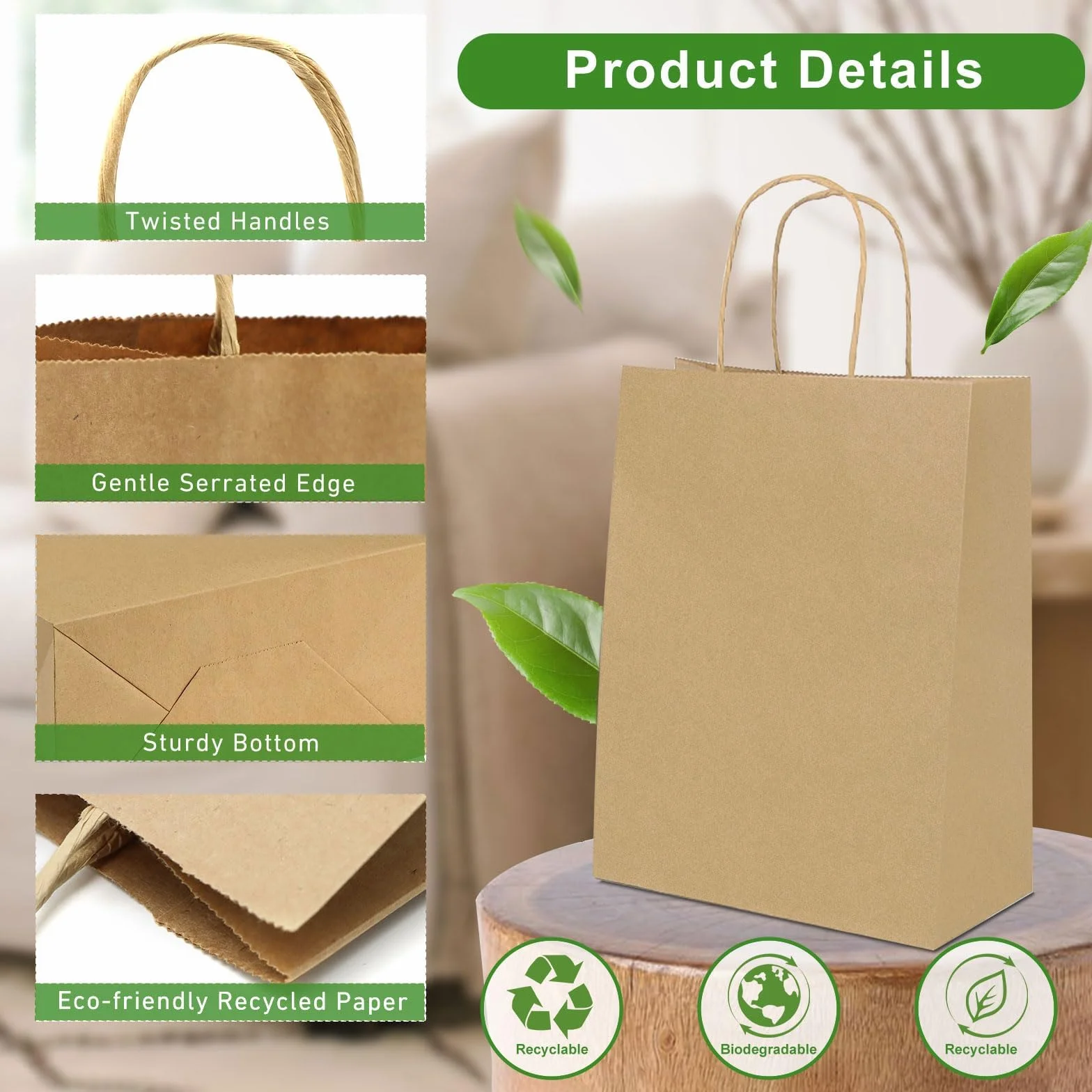 Gucass 50 Pieza Pequeñas Bolsas Papel Kraft con Asas, Marrón Bolsas de Papel Regalo, 15x8x21cm, Bolsitas de Regalos para Embalaje de Regalo, la Compra, Navidad Fiestas de Cumpleaños Bodas