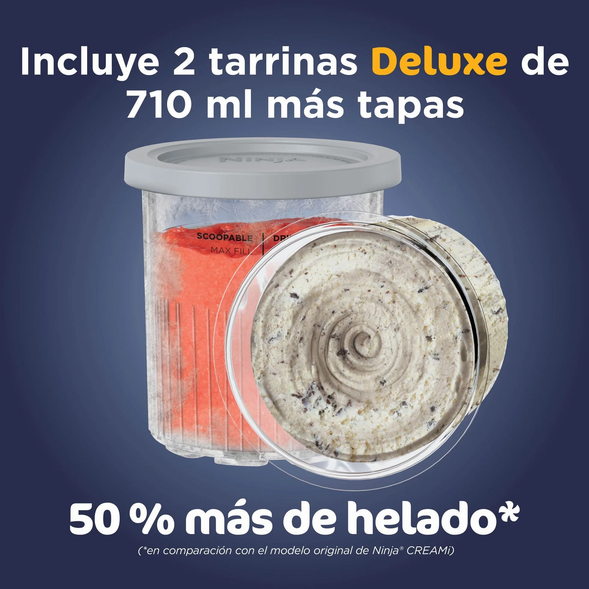 Ninja CREAMi Deluxe Heladera multifunción con 2 tarrinas, 10 programas, prepara Helado, Gelato, Sorbete, Yogur congelado, Batido, Granizado y más, opción de 2 sabores en 1, piedra dorada, NC502EUSTGD