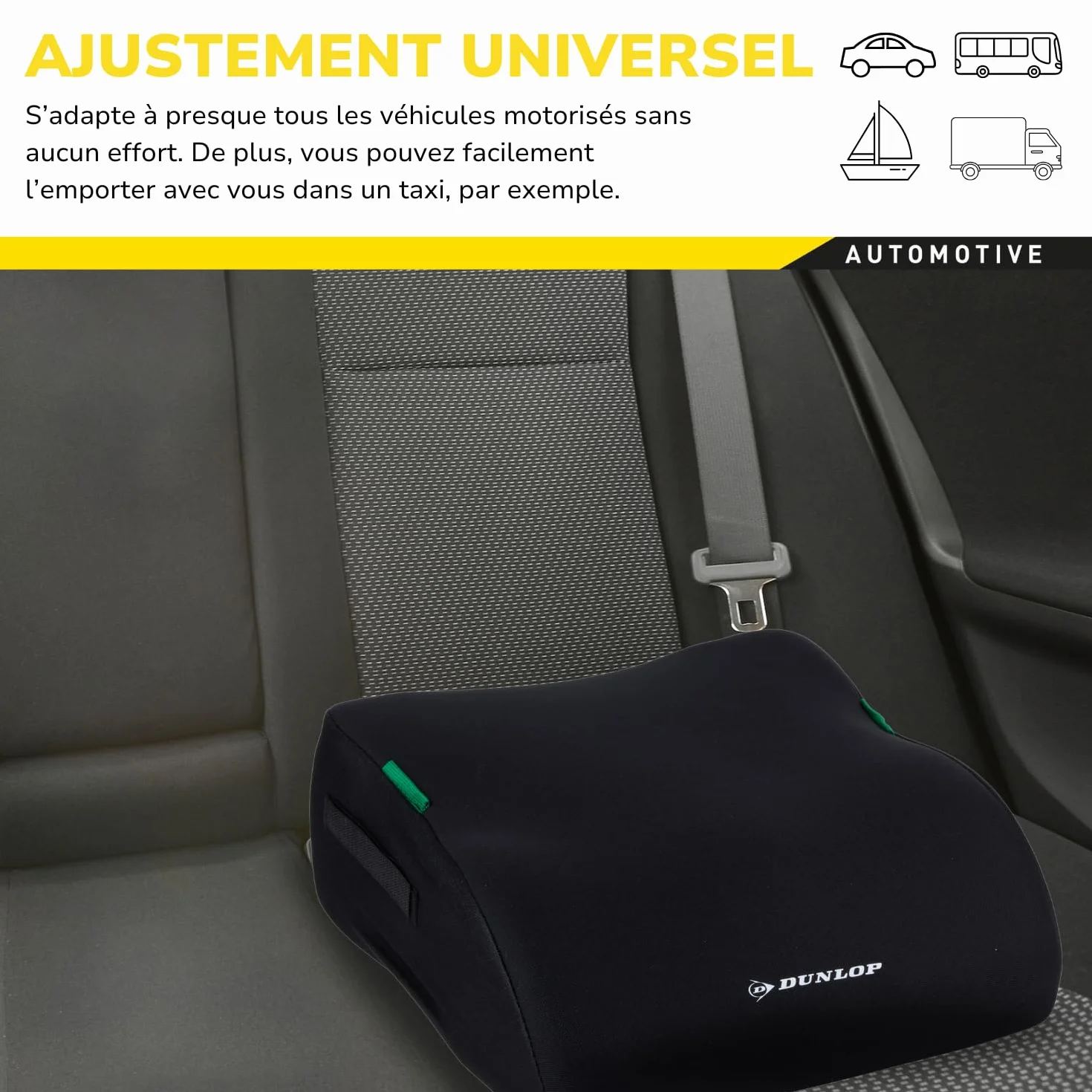 DUNLOP Elevador de Coche para niños, Negro, ECE R129 - Asiento ergonómico para niños a Partir de 3 años - Funda Lavable - Cojín para niños de 135 a 150 cm
