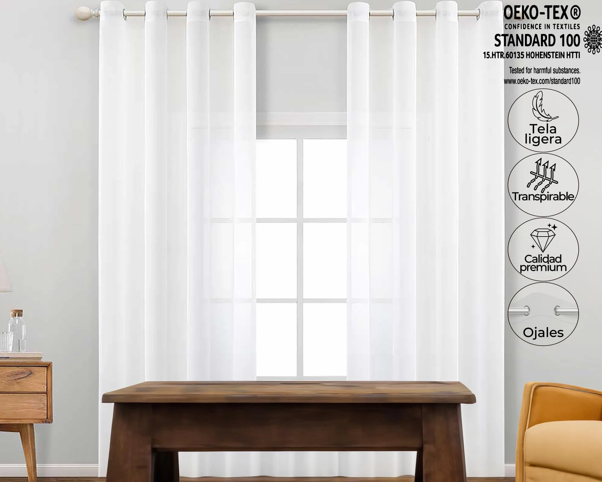 TRAMAS+ Cortinas Visillo Semitransparente 140x260 cm Ojales Blanco