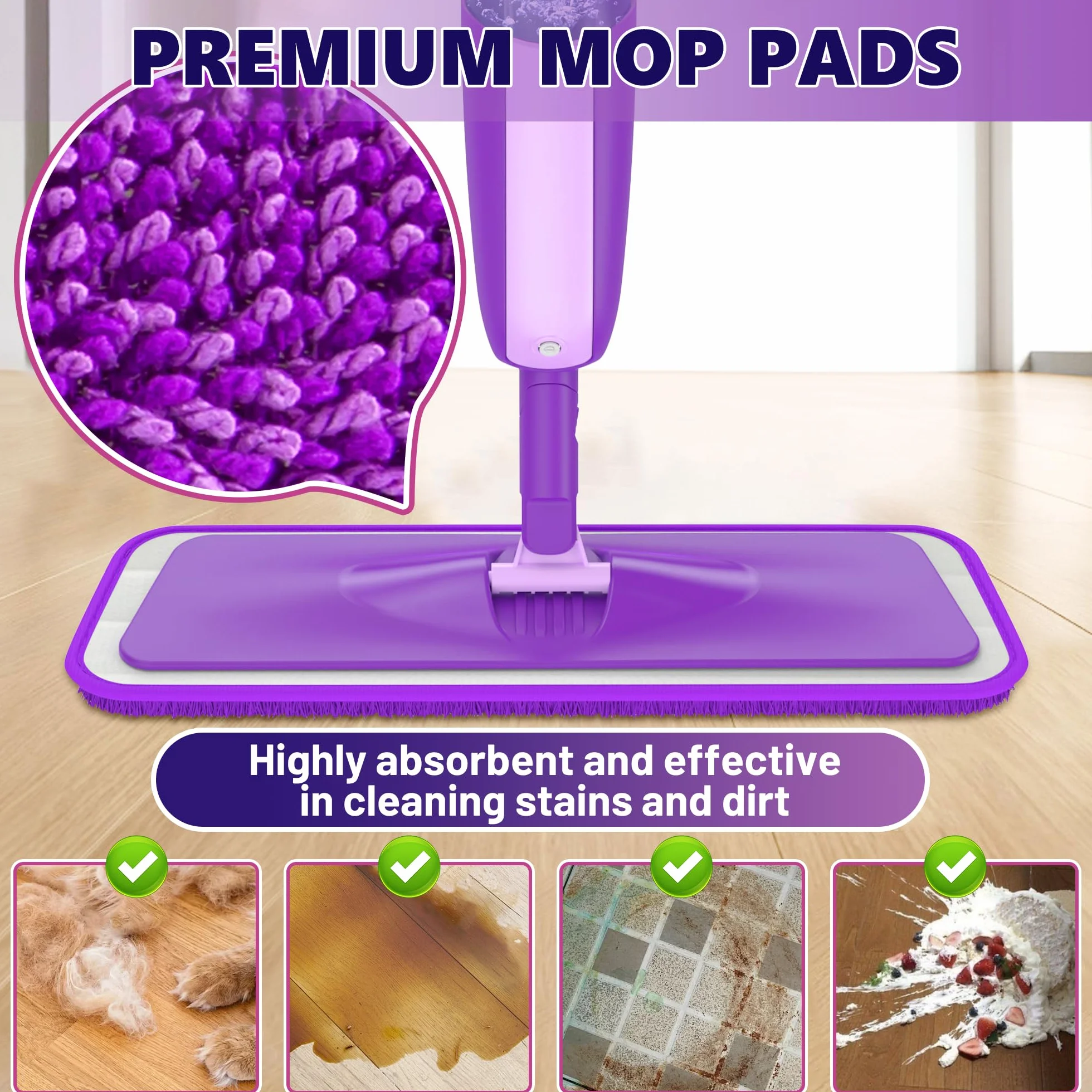 MEXERRIS Repuestos de Mopas de Microfibra, 6 Piezas Mop Pads Replacement Reutilizables y Lavables a Máquina para Mopas con Pulverizador, Morado, 39 x 13 cm