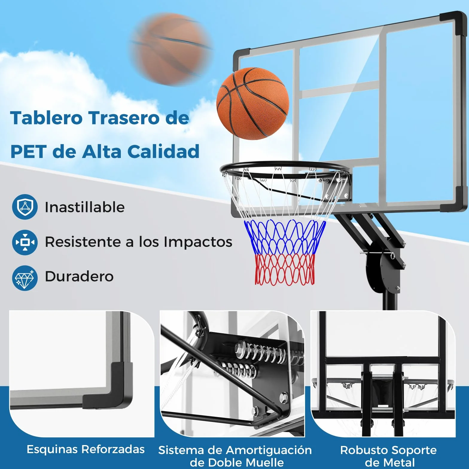 COSTWAY Canasta de Baloncesto Altura Ajustable 10 Niveles 1,49-3,05 M Exterior Interior 2 Ruedas Base Rellenable