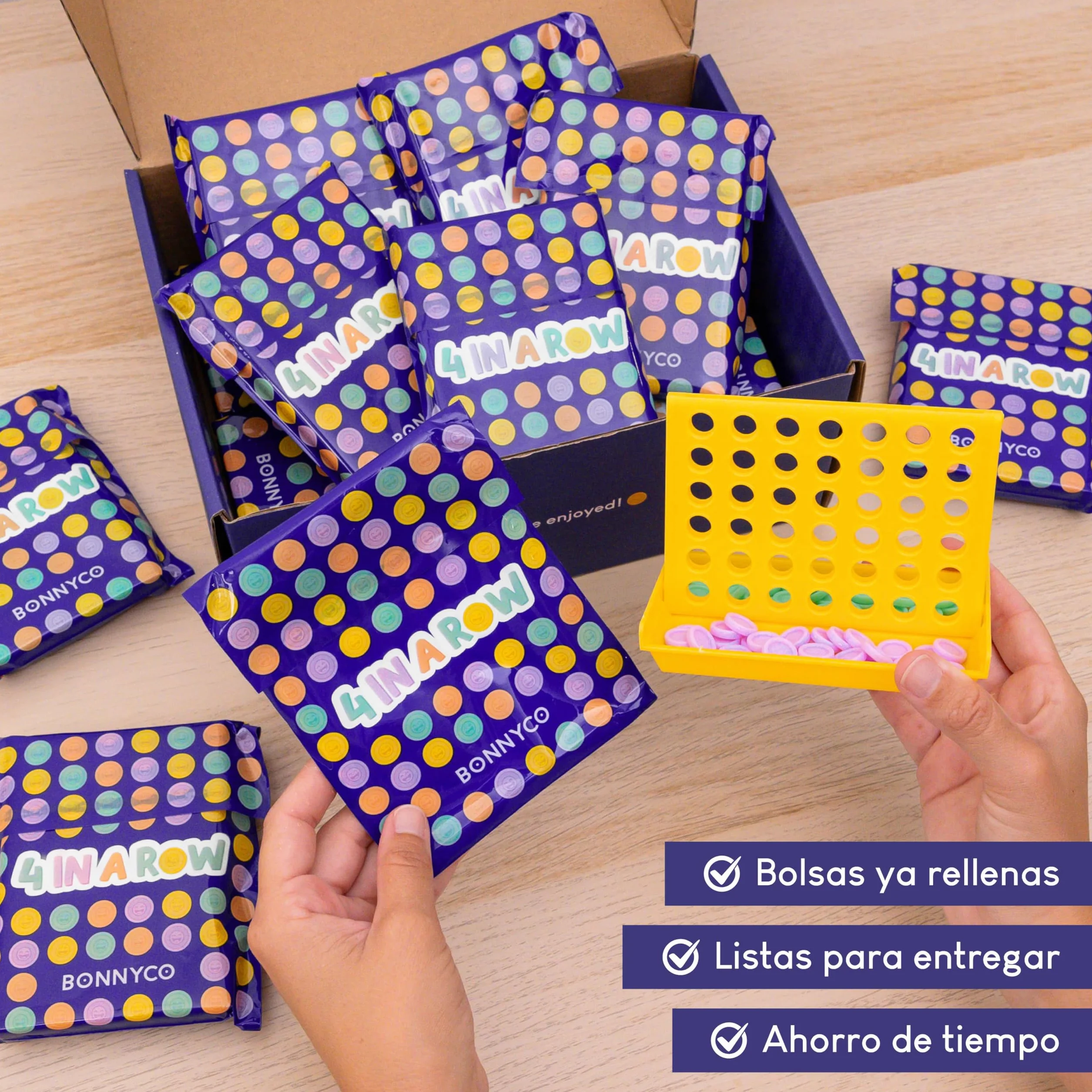 BONNYCO Cuatro en Raya Pack 16 Regalos Cumpleaños Niños Colegio 3 a 12 Años con Bolsas Sorpresa para Invitados. Ideas Detalles Alumnos Primaria, Mini Juegos de Viaje y Piñatas