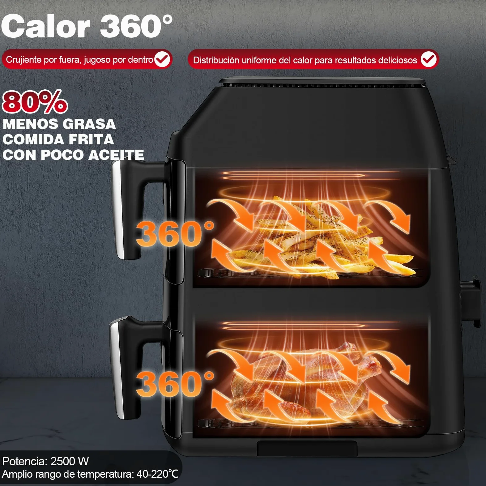 TopStrong Double Stack Freidora de aire, 11 L Air Fryer Doble Cesta Vertical, 40℃-220℃, 6 Funciones de Cocción & 8 Programas Preconfigurados, Ahorrar Espacio, 2500W (Negro Ventana)
