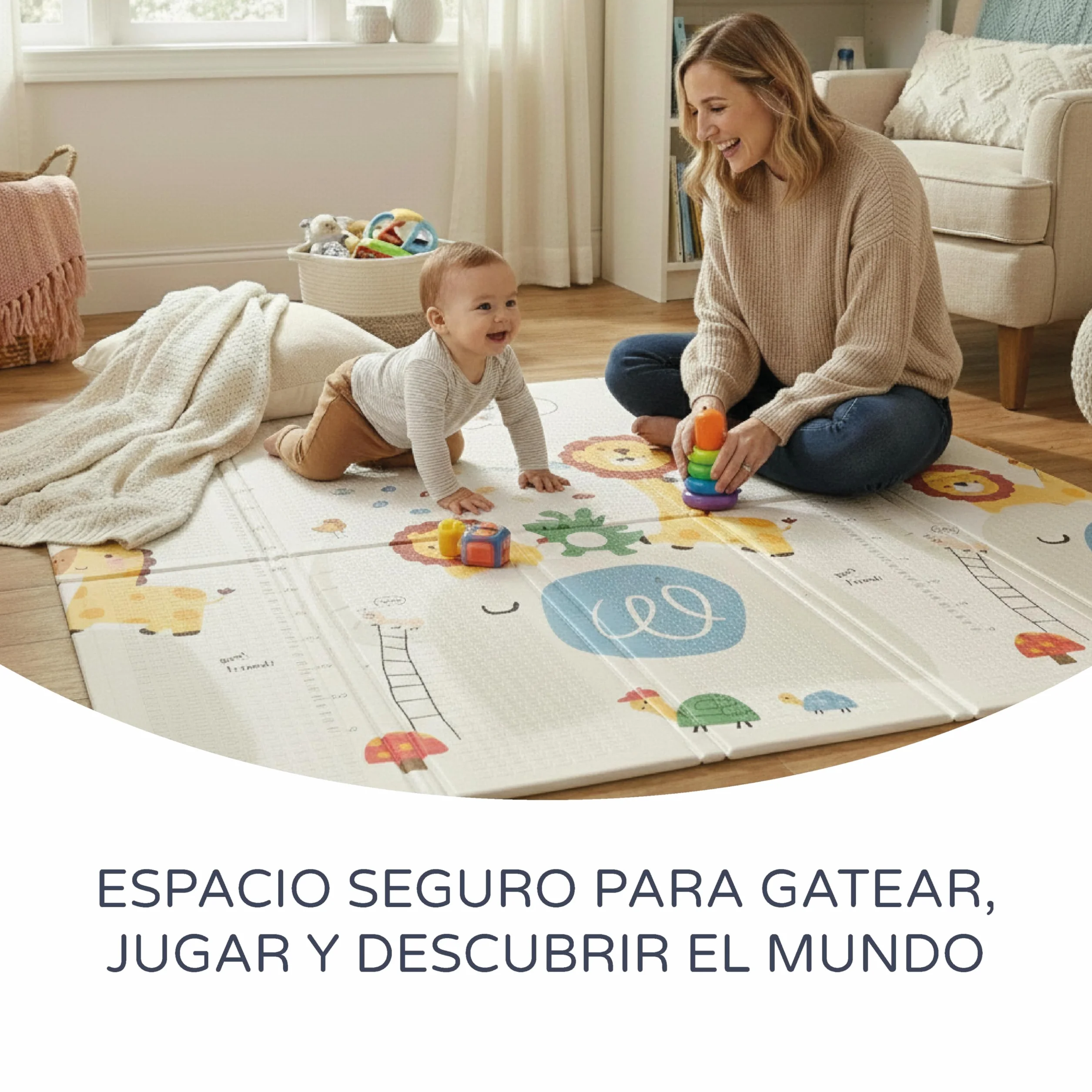 Alfombra de Juegos para Bebé Doble Cara 120x120 cm Plegable con Bolsa de Transporte Leon Arcoiris