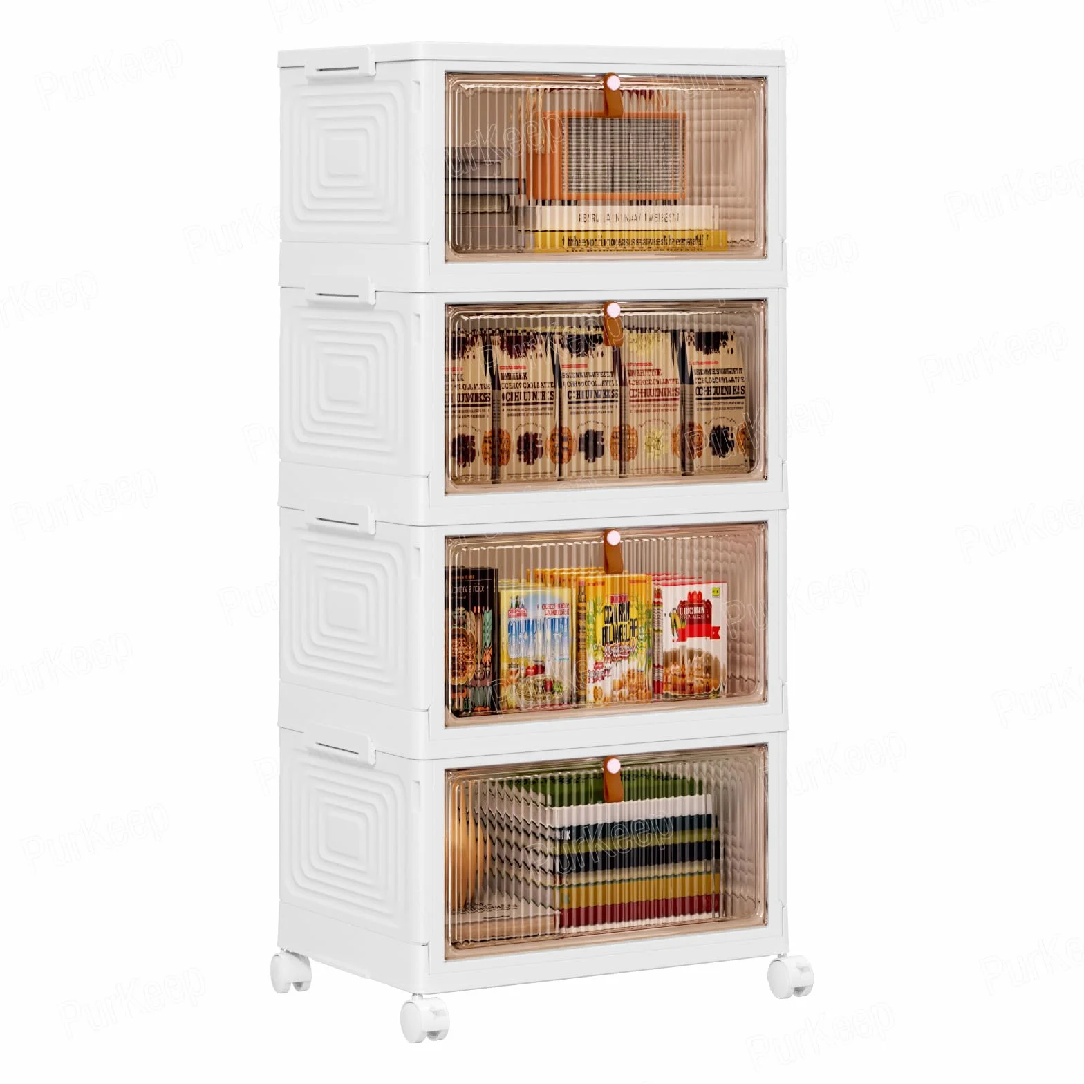 PurKeep Cajas de almacenamiento con tapa, caja de almacenamiento de plástico de 23 pulgadas de largo x 4 niveles con tapa, cajas apilables con ruedas, cajones de almacenamiento con puerta delantera