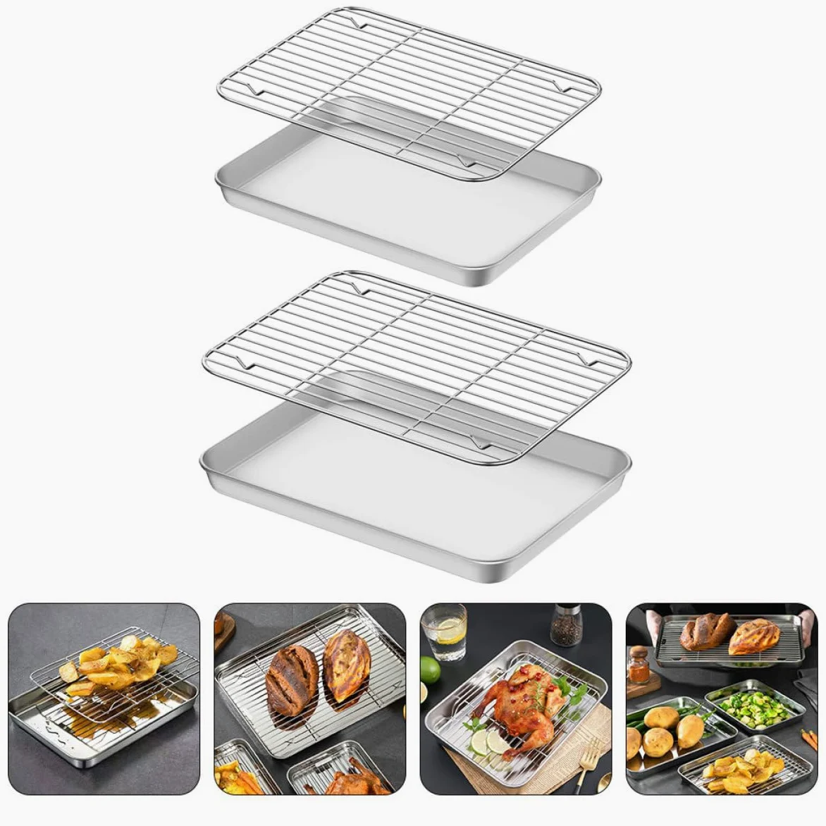Bandejas para Hornear de Acero Inoxidable y Rejillas de Enfriamiento Juego de 2 Duraderas con Diseño Antiadherente para Cocinar Pan y Pasteles